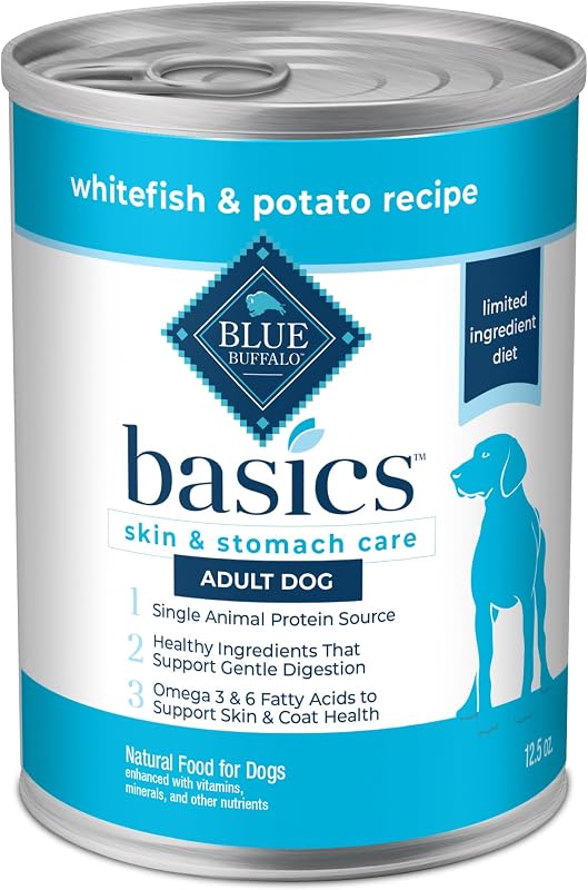 Ração úmida para cães adultos Blue Buffalo Basics sem grãos, peixe branco e batata, 12 latas de 354 g