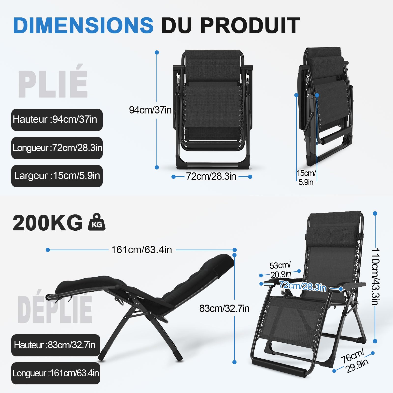 Génération2 Chaise Longue, Fauteuil Pliant, Relax Jardin Extérieur, pour Jardin, Plage et Piscine, Charge 200KG, Dossier Réglable, Oreiller et Coussin Amovibles (Noir, 72cm)