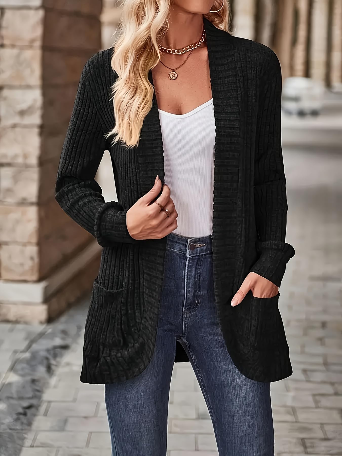 Womens Soft Open Front Cardigan Long Sleeve with Pockets Lightweight Ribbed Fall Layering Jacket