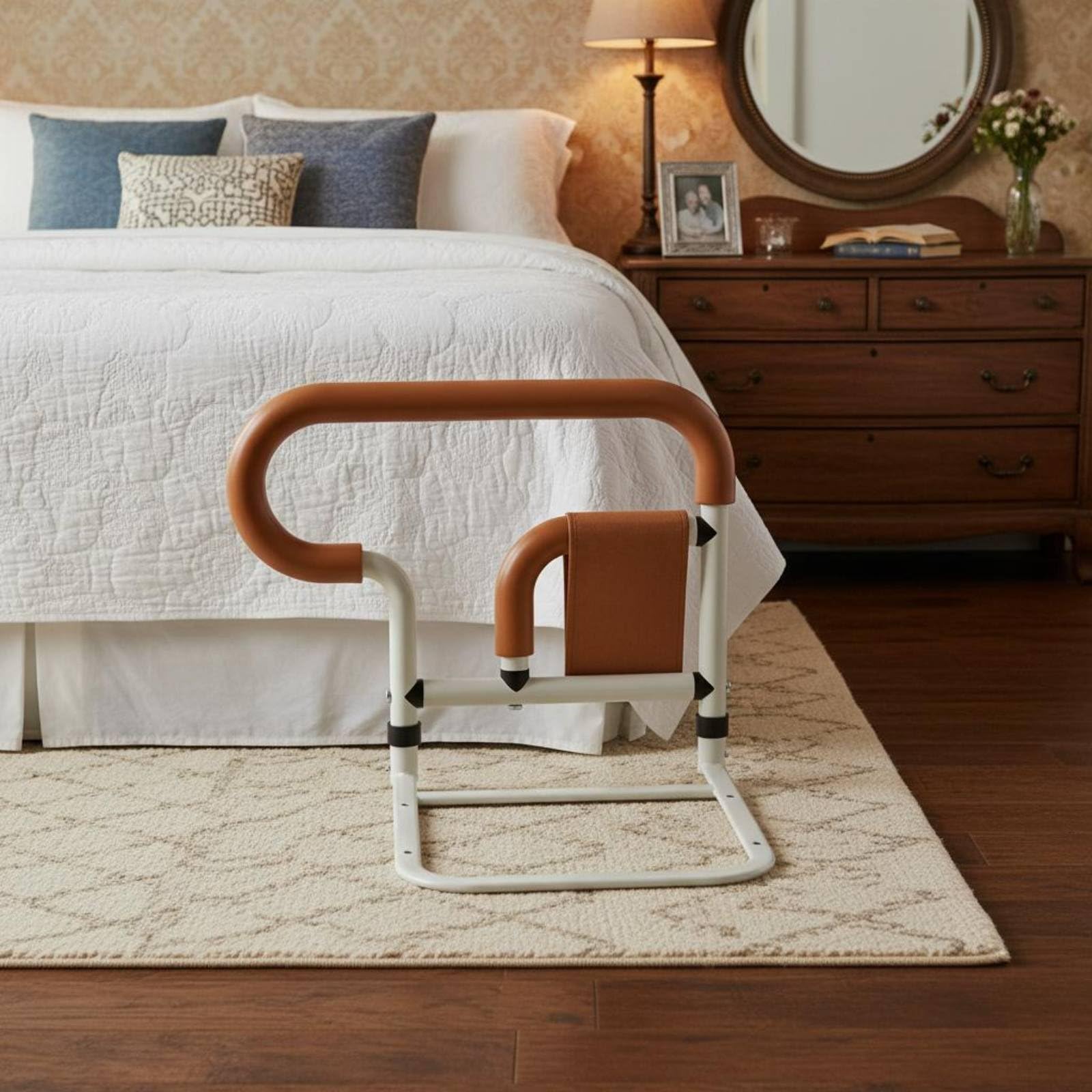 Oshhni de para Cama con Mango Ergonómico Barra Auxiliar Soporte Antideslizante y Base Estable Adecuada para Adultos Mayores con Movilidad Reducida, Org L-Forma 3-Marchas