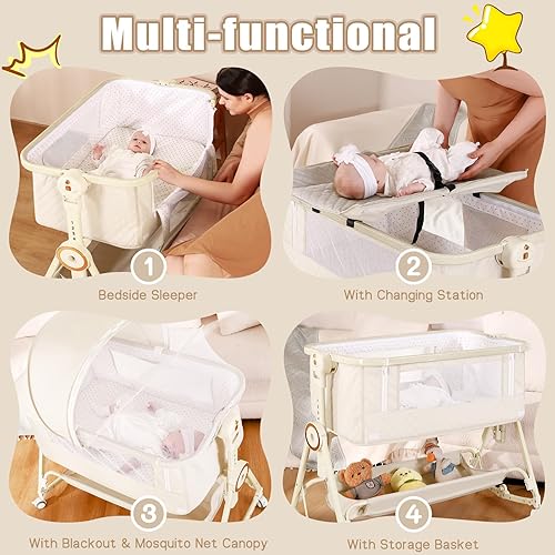 Miniatura 2 de Cuna de bebé 5 en 1, moisés de noche para bebé con colchón, mesa de pañales, capa de almacenamiento, mosquitera, altura ajustable de 7 niveles,