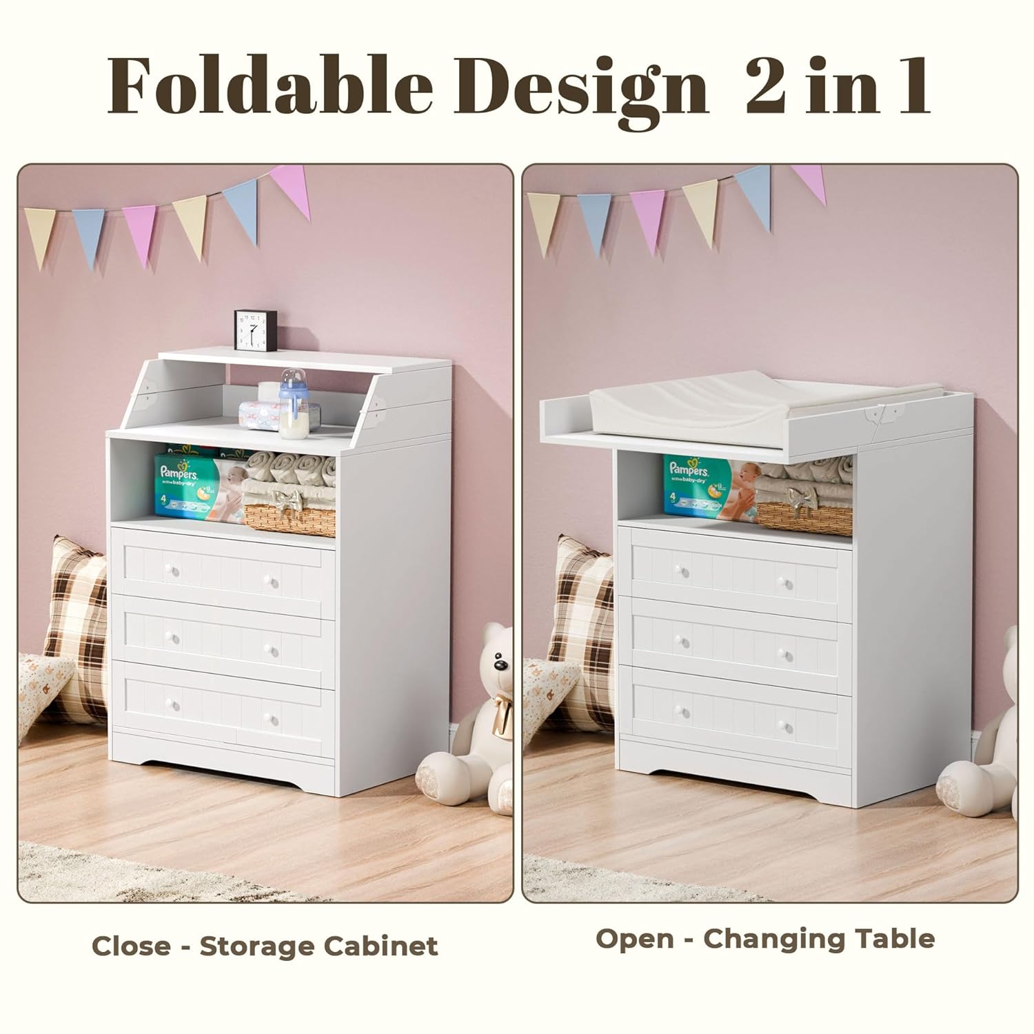 Baby Changing Table with Foldable Tabletop, White Baby Dresser with 3 Drawers & Open Storage Space, Modern Diaper Changing Station with Storage, Perfect for Bedroom & Nursery (Pad Not Included)