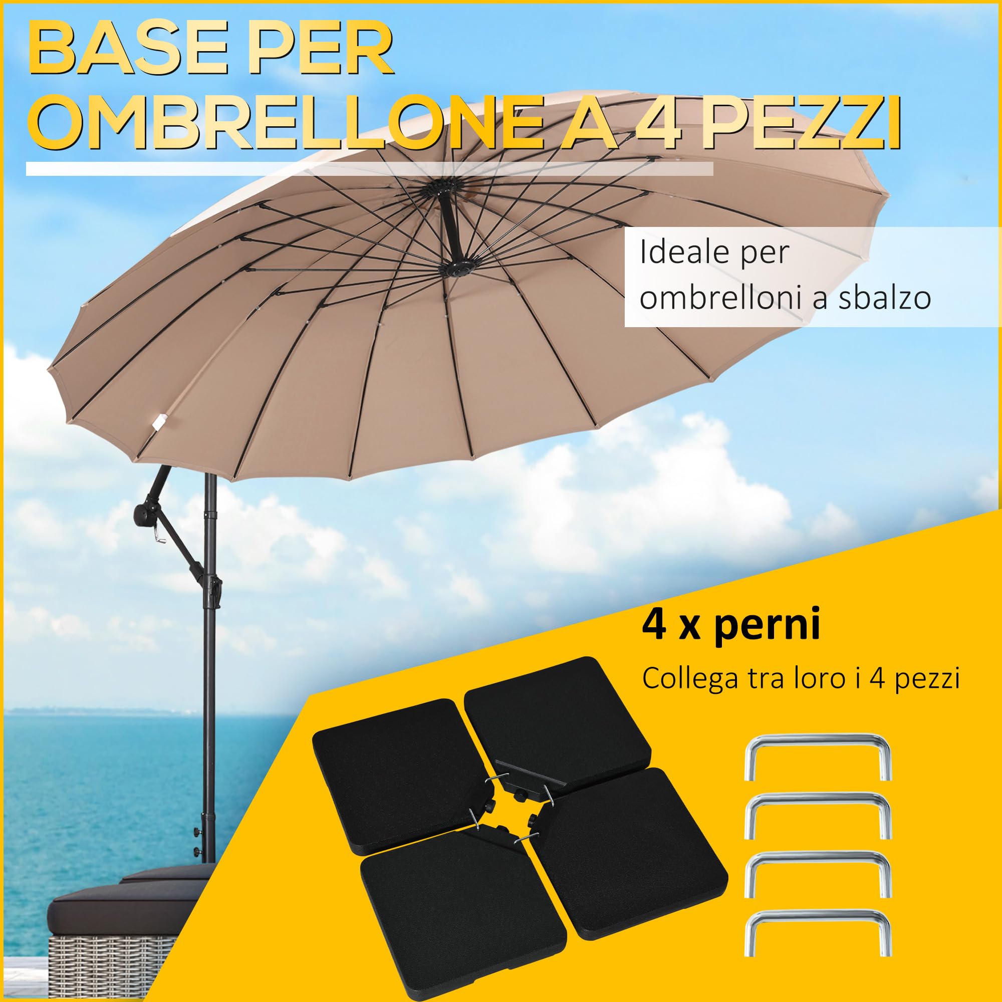 Outsunny Base per Ombrellone a Braccio da 4 Pezzi per Basi a Croce Nero | Riempibile con Acqua o Sabbia, Basamento, Ganci di Connessione