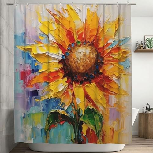 YLATY2220 - Cortina de ducha de girasol para baño, pintura al óleo, hojas verdes, flores, bohemio, tela amarilla abstracta, moderna, impermeable,