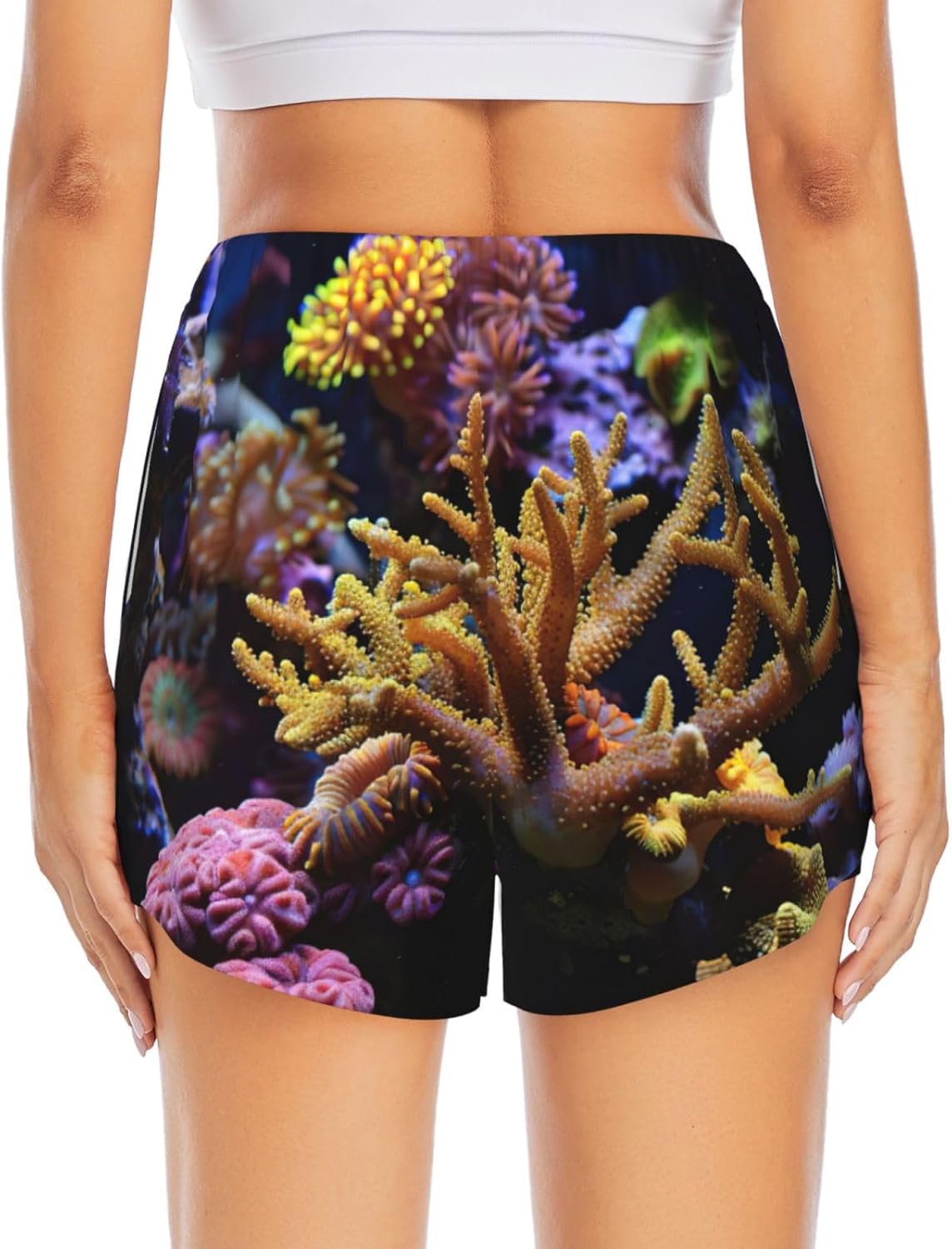 Coral Reef Print Women's Running Shorts,Athletic Shorts with Elastic Pockets,for Yoga,Jogging and Fitness