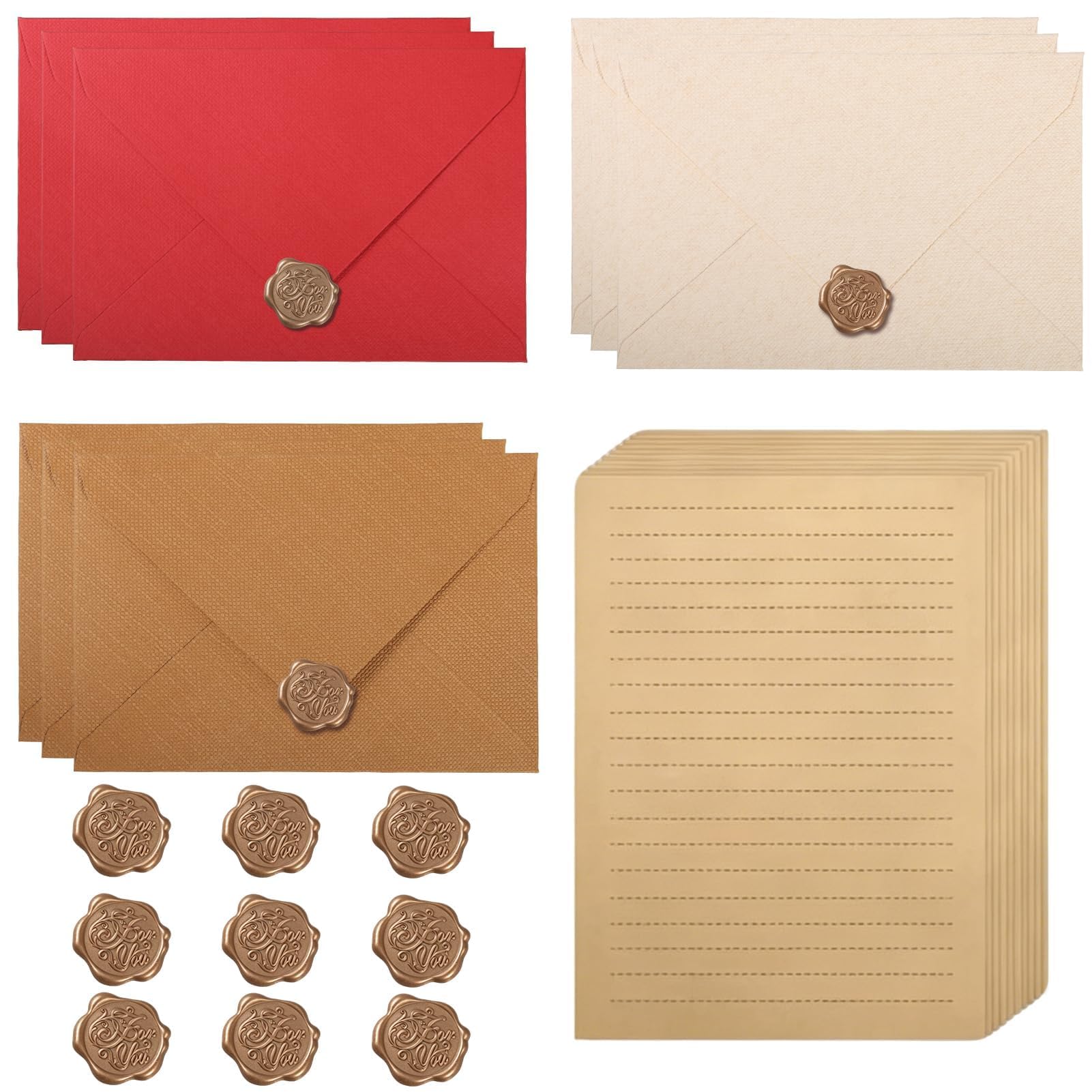 36 PCS Vintage Letter Writing Paper and Envelopes Set, 18 A4 Kraft Writing Paper with 9 Vintage Envelopes and 9 Wax Seal Stickers for mother's Day, Wedding Invitations, Birthday Cards and Love Letters
