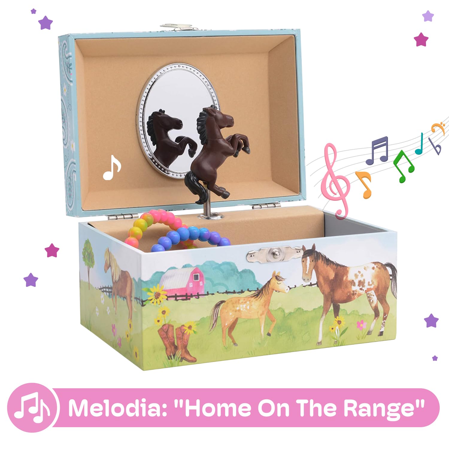 Jewelkeeper - Portagioie Musicale per Bambine con Cavallo Danzante, Design a Stalla e Melodia Home on the Range - Carillon con Spazio per Gioielli e Ricordi