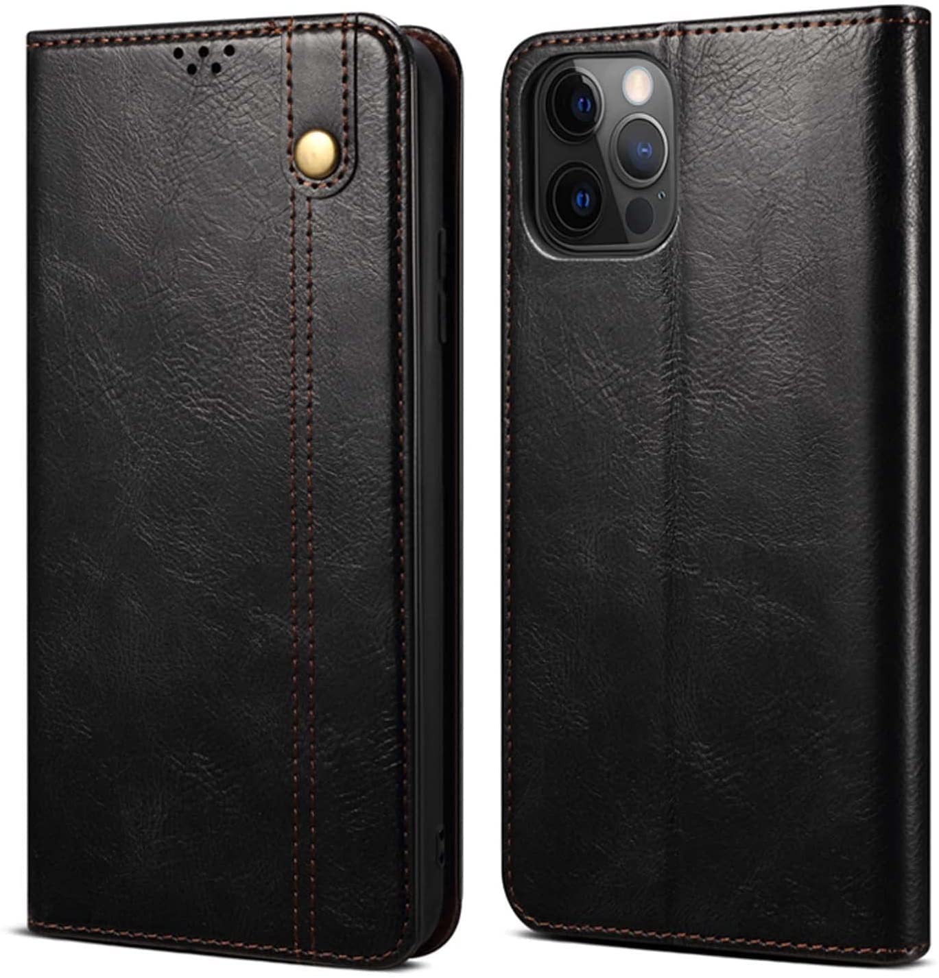Funda de cuero iPhone 13 Pro acabado premium texturizado negro con protector de pantalla 8