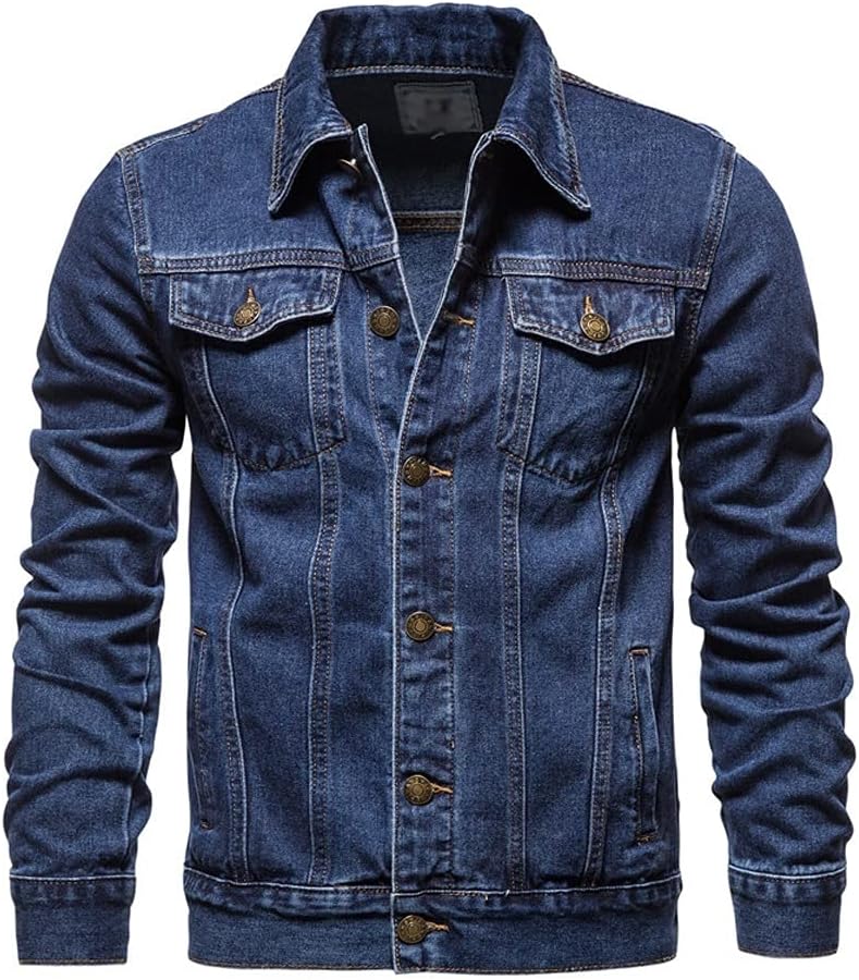 Denim Jacket Men Autumn Casual Solid Streetwear Mens Cowboy Jackets Fashion Multi-Pockets Jeans Coats (Colour: Dark Blue Size: M Code) (Dark Blue XL Code)