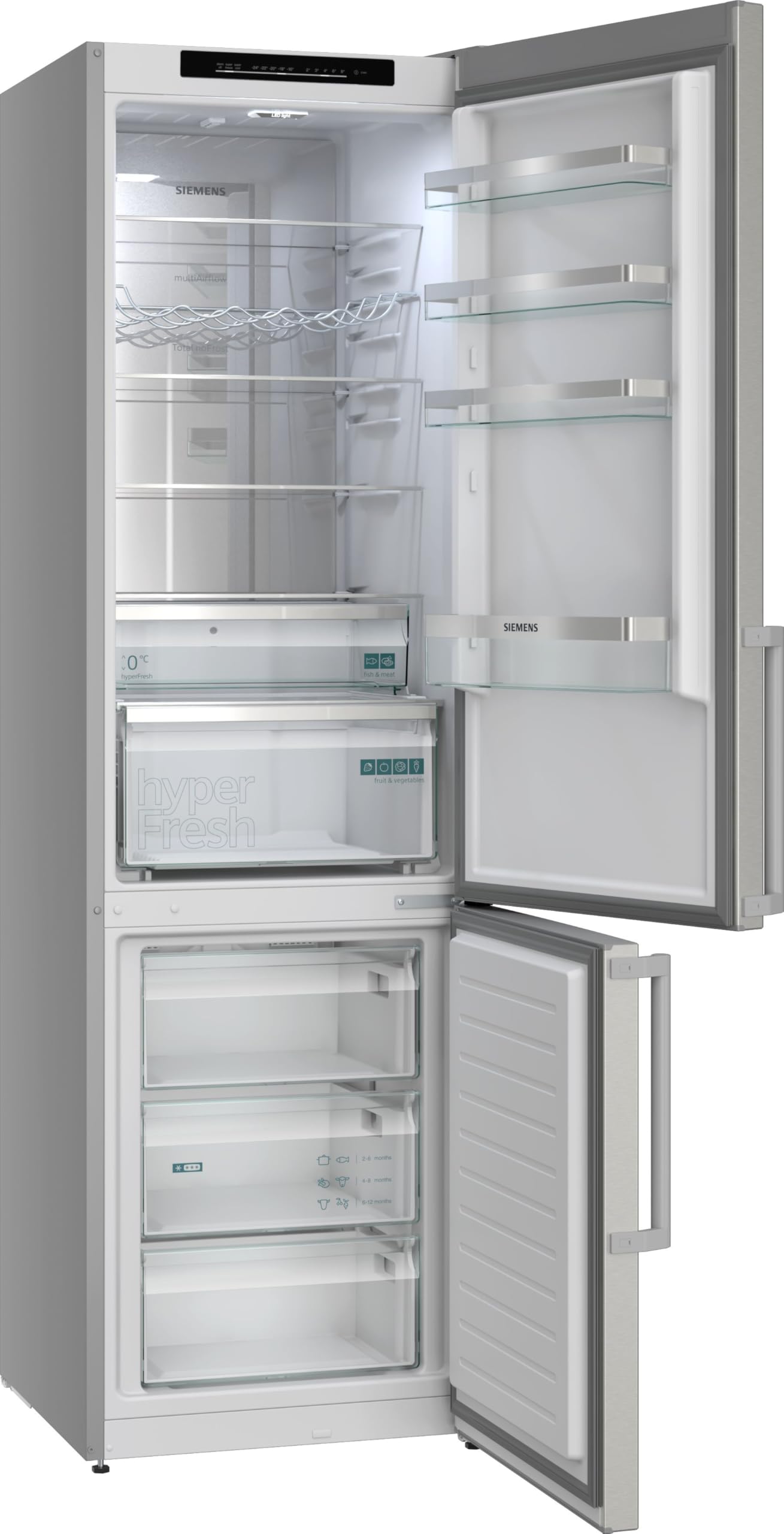 Siemens iQ300 Freistehende Kühl-Gefrier-Kombination 203 x 60 cm, KG39NVICV, 260 L Kühlen & 103 L Gefrieren, Total noFrost, Nahtlose Platzierung, hyperFresh 0°C Schublade, LED-Beleuchtung, Edelstahl