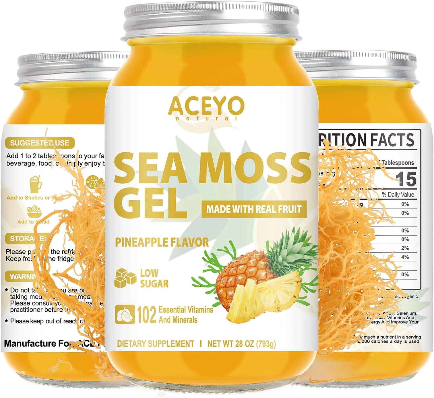 (28 OZ) Sea Moss Gel Raw Flavored Irish Seamoss Gel Natural Vegan Pineapple 102 Vitamins and Minerals Wild Harvested Non-GMO.