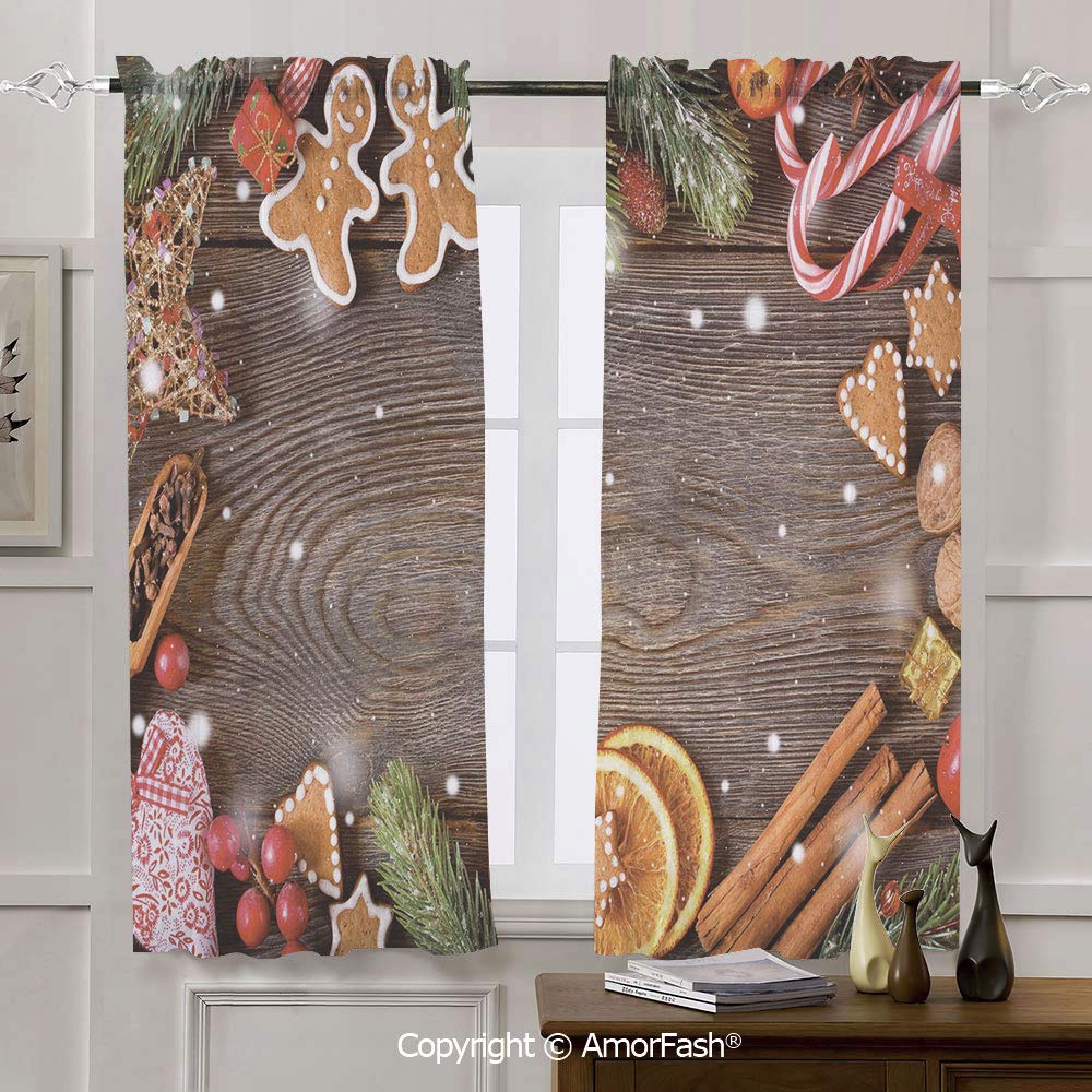 Gingerbread Man Chiffon Curtains Room Darkening Thermal Insulated Curtain Panels Rod pocket for Living Room,42x72 Inch Festive Christmas Frame with Spices Biscuits Decorative Elements on Table Decorat
