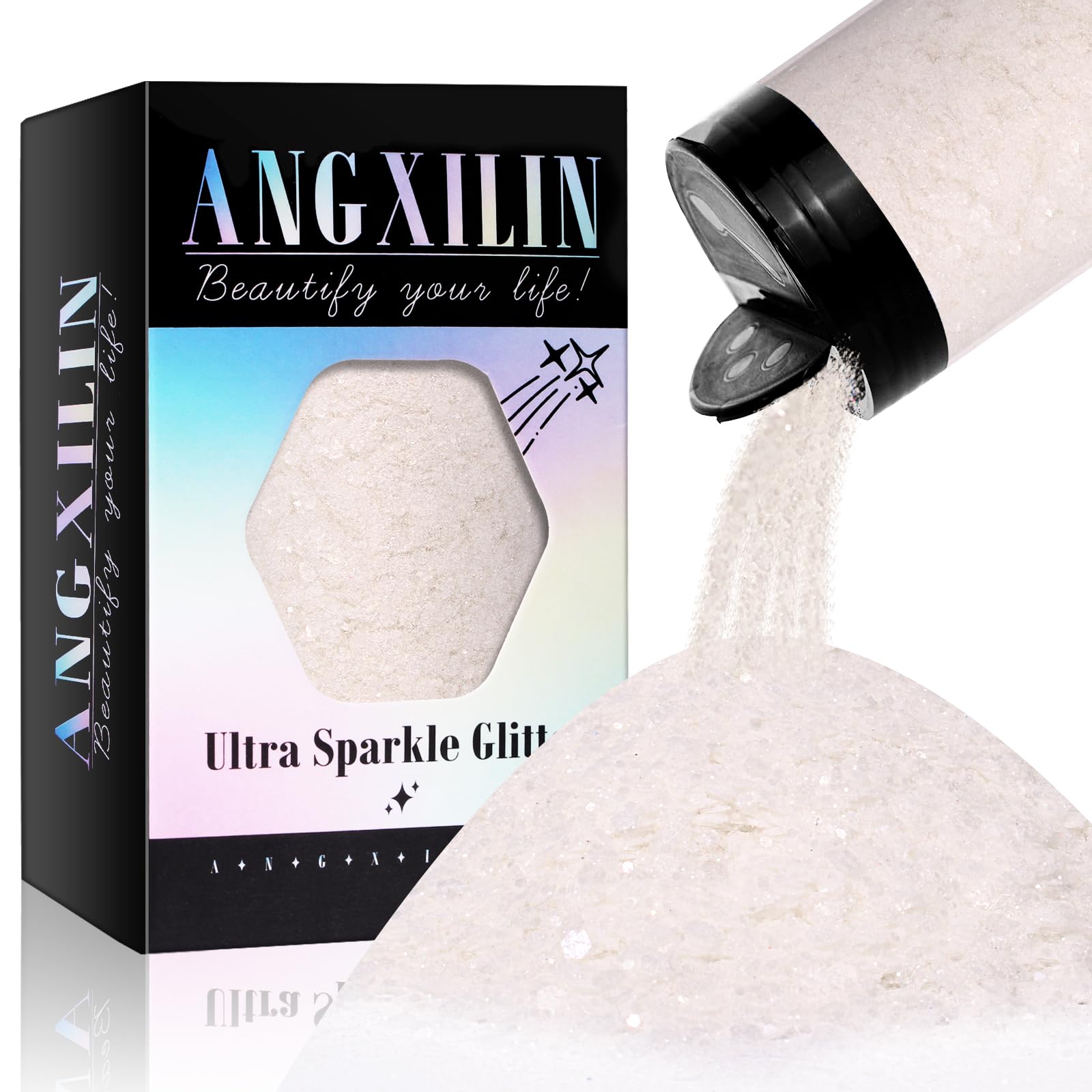 ANGXILIN Holographic Chunky Glitter, 190g/6.7oz Chunky and Fine Mixed Craft Glitter, Bulk Laser Sequin Glitter for Face Body Nail Art,Epoxy Resin