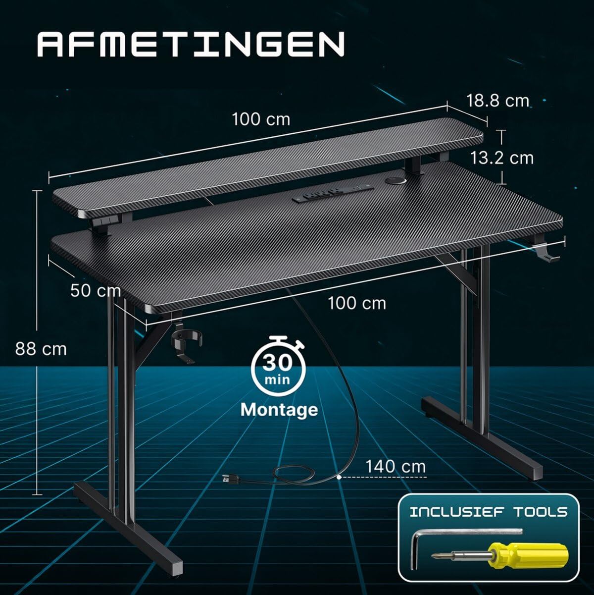 Five Stars® Escritorio Juego - 100x50x75 cm - Escritorio de juegos con luces LED - Carbono Negro - Gaming Desk - Mesa de Ordenador - RGB Iluminación LED