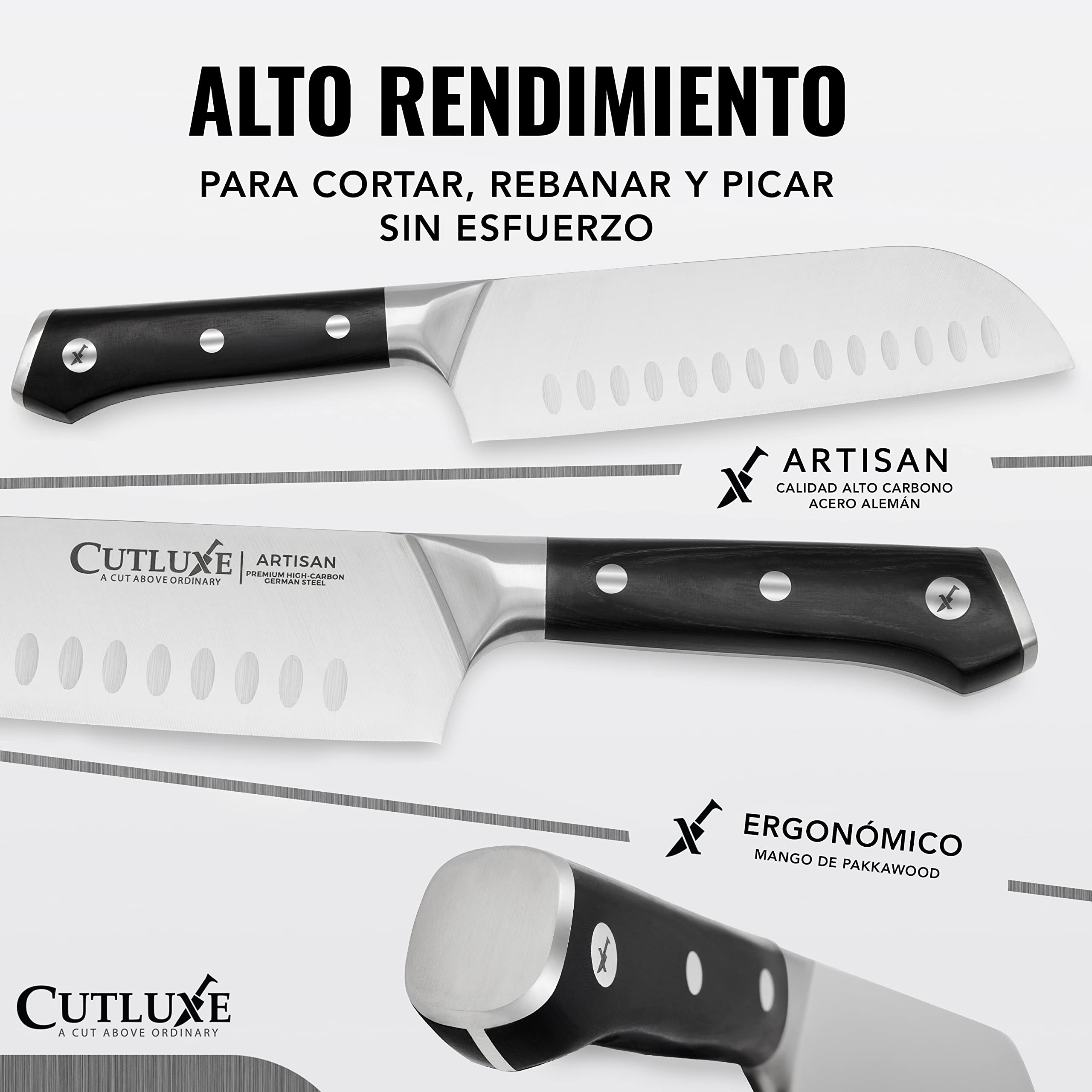 Cutluxe Cuchillo Santoku – 18 cm Cuchillo Profesional de Chef Con Funda– Acero Alemán con Alto Contenido de Carbono – Cuchilla Afilada y Espiga Completa – Diseño de Mango Ergonómico – Serie Artesano