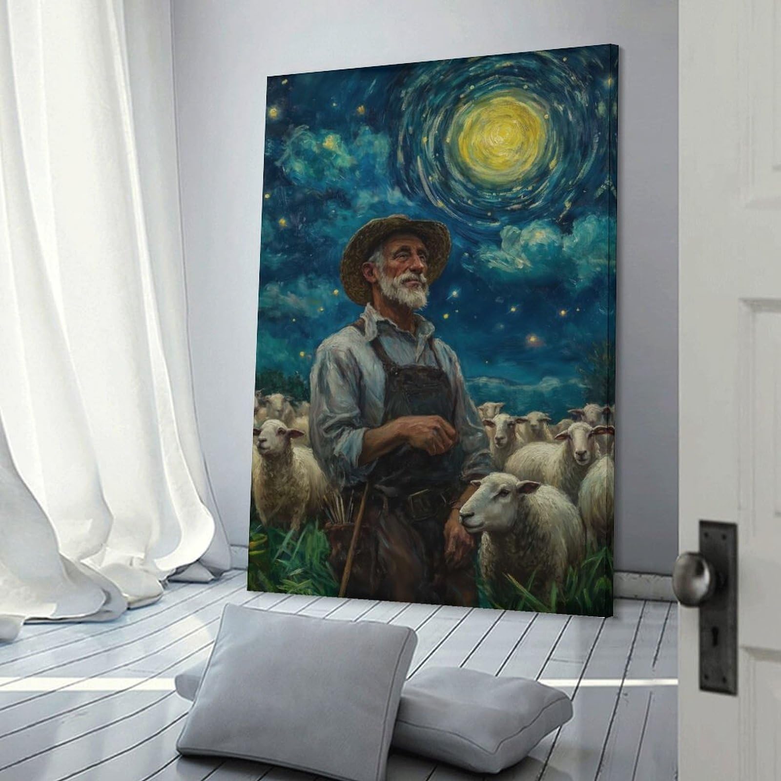 Junmoney Frame-Style-22 Shepherd Under Starry Sky Home Decor Wall Art 24X36inch(60X90cm), For Bedroom, Guest Room Or Reading Nook, Decorative Wall Art For Cosy Rooms