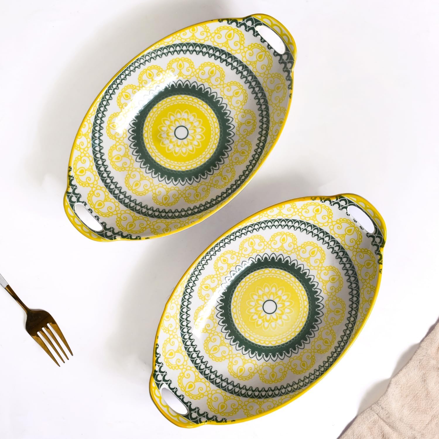 Nestasia Set of 2 Yellow and Green Mandala Design Ceramic Long Platter with Handles for Serving Snacks, Appetizers, Salads, and Noodles | Microwave Safe, Dishwasher Safe (10.8 Inch)