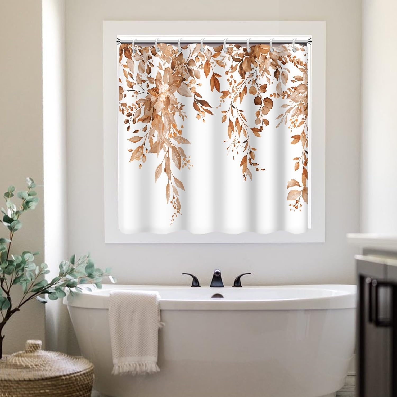 Ruelvth Shower Window Curtain, Brown Eucalyptus Bathroom Decor 60x48 Inch