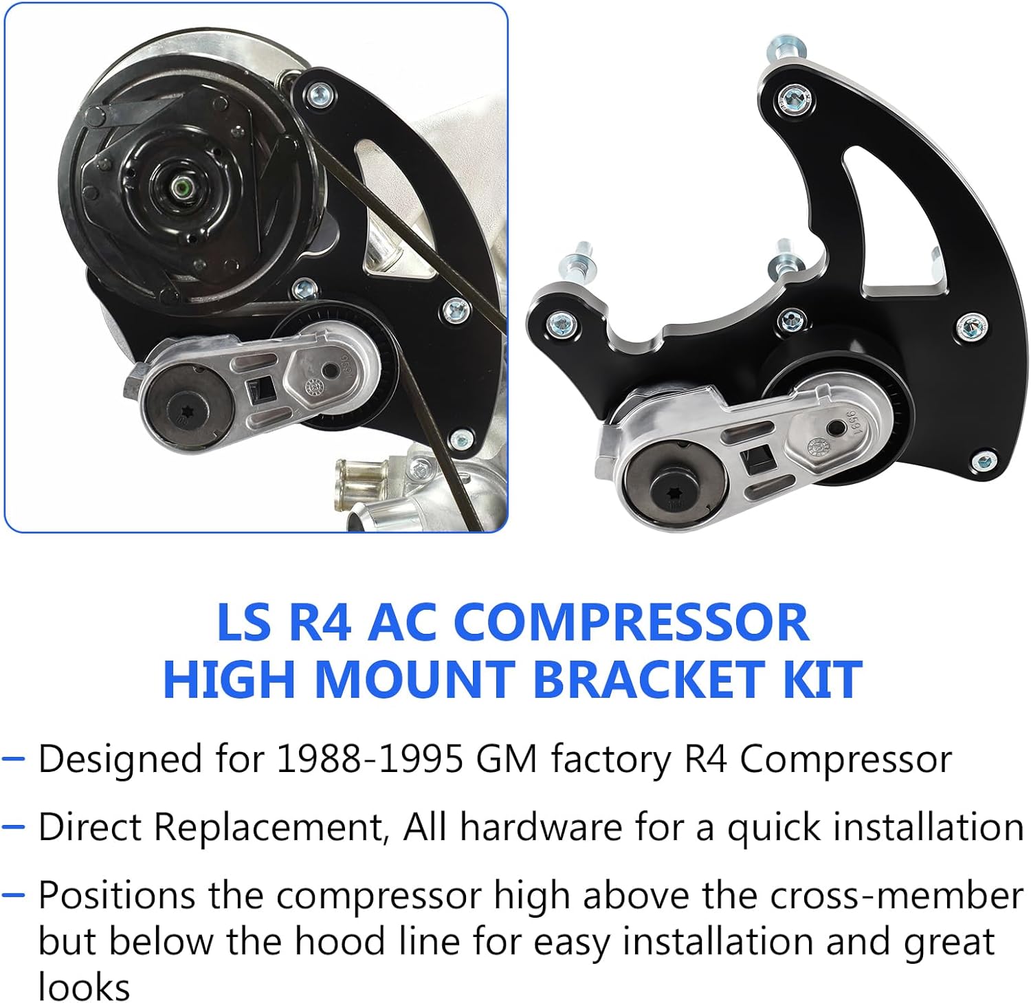 LS Swap R4 AC Compressor Bracket ,LS High Mount A/C Bracket Kit with Belt Tensioner Compatible for Chevrolet GMC SUV Truck Vortec Engines LS1 LS2 LS3 LS6