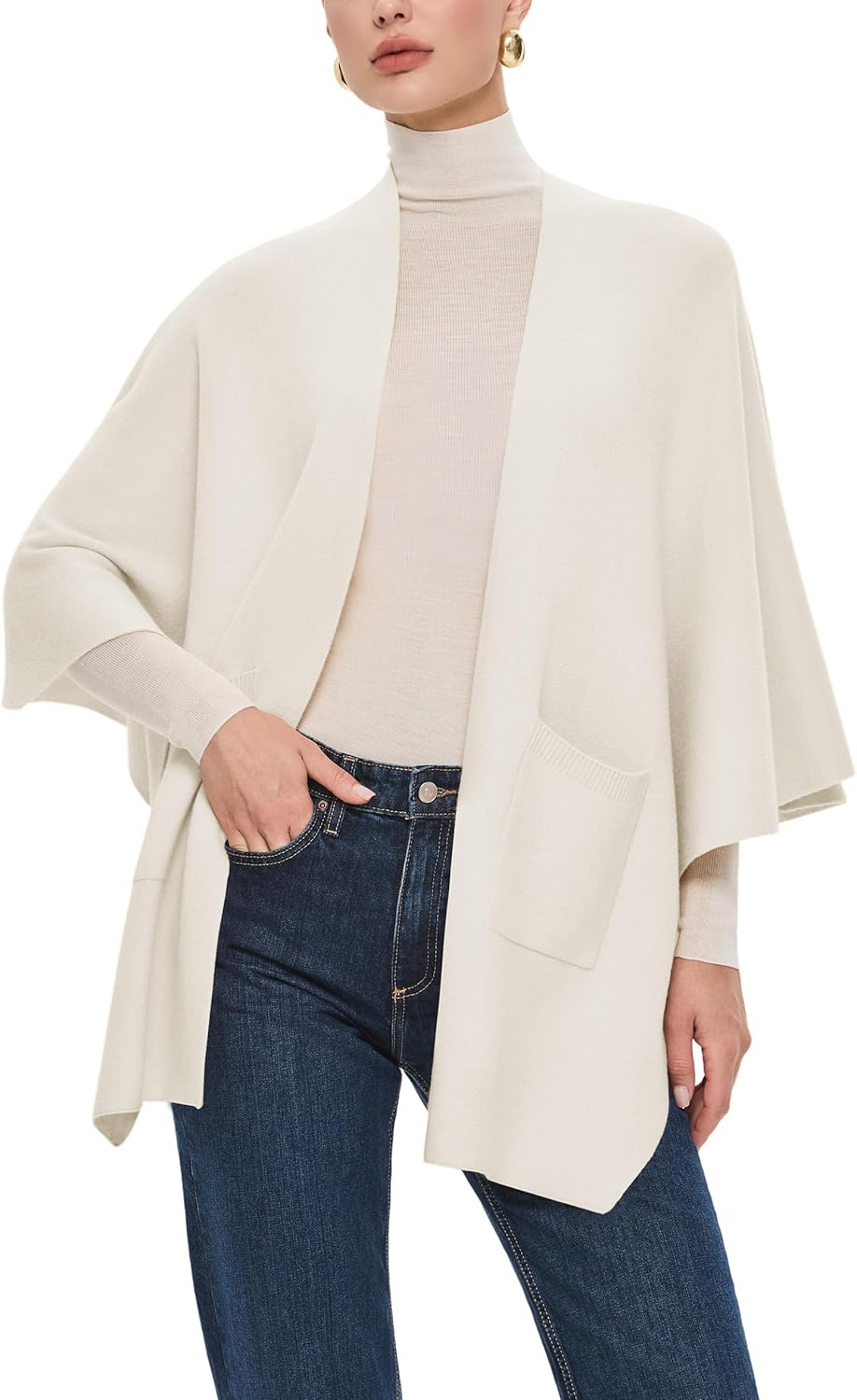 PULI Womens Open Front Shawl Wraps with Pockets Oversized Casual Knit Travel Shawls for Fall and Winter