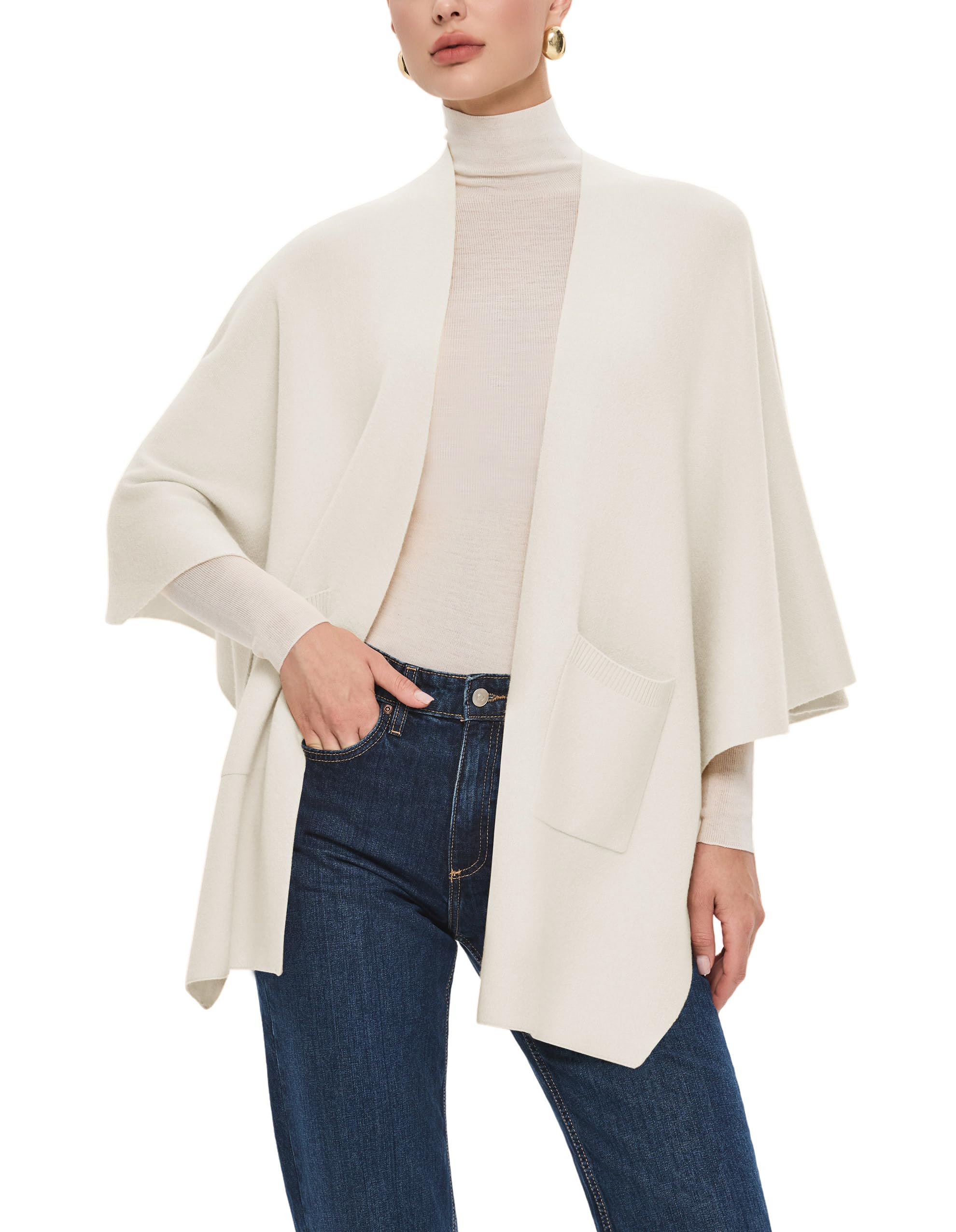 PULI Womens Open Front Shawl Wraps with Pockets Oversized Casual Knit Travel Shawls for Fall and Winter