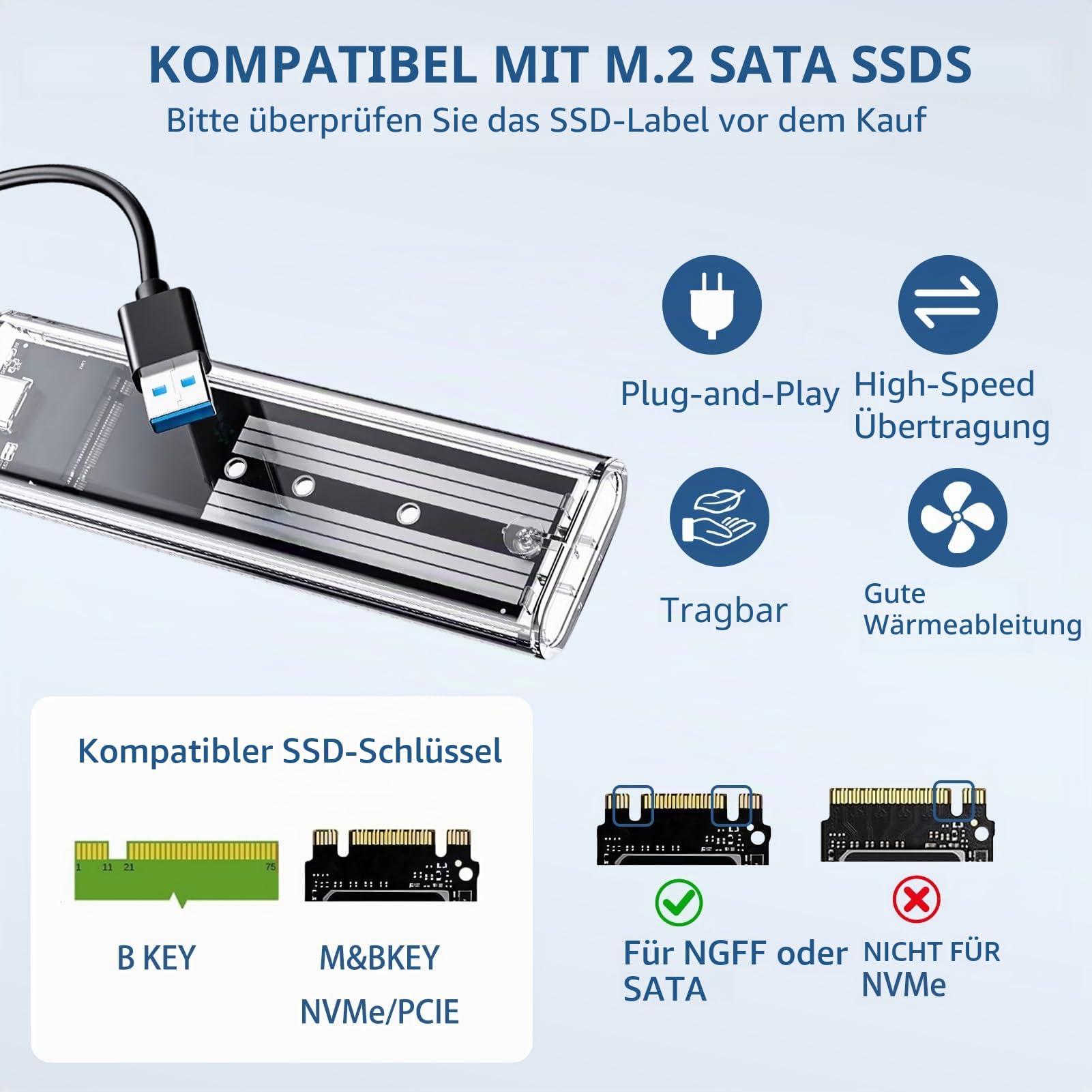 M.2 SSD Gehäuse SATA NGFF USB C, Nicht kompatibel mit NVME oder PCIe M-Key-SSDs, M.2 SATA Adapter für B / B+M 2230 2242 2260 2280, Gehäuse USB 3.1 Gen1 5 Gbit/s für M.2 SSD NGFF Festplatte
