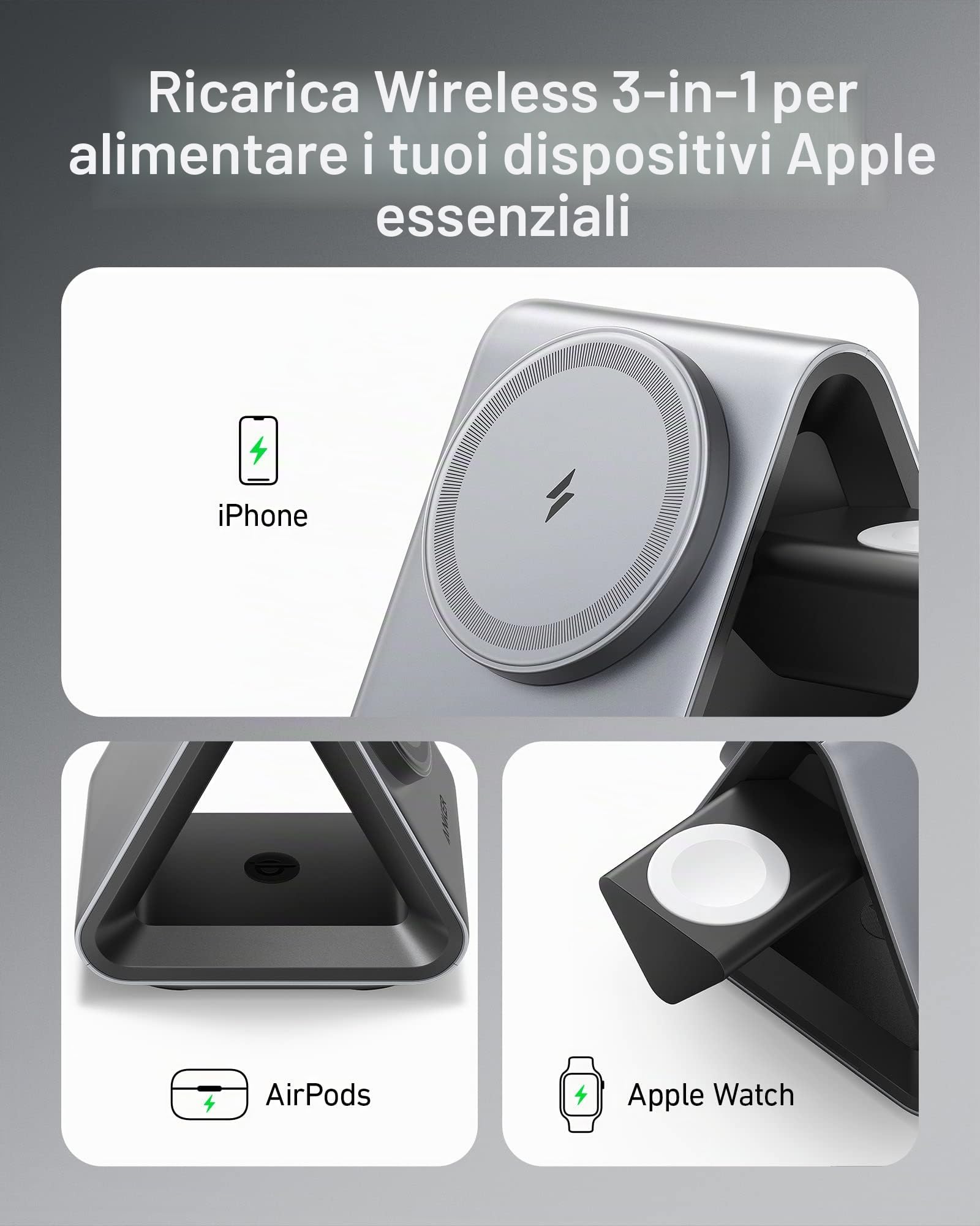 MagSafe, Anker 737 MagGo Charger (stazione 3 in 1) con ricarica rapida 15 W Max certificata MFi, per iPhone 14/13/12 Series, Apple Watch S8/7/6, AirPods 3/Pro (caricatore USB-C 30 W incluso)