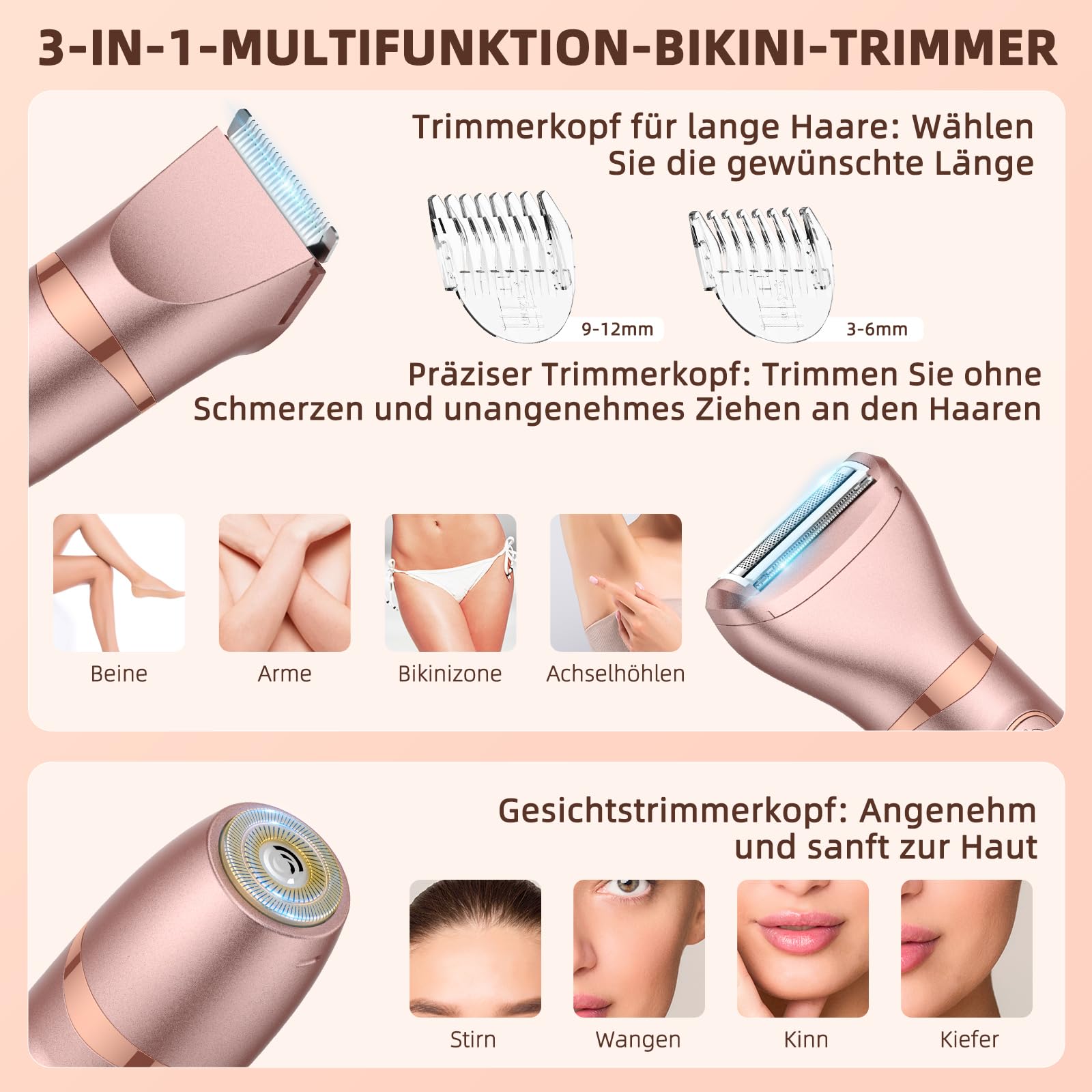 Lady Shaver für Frauen, 3-in-1-Bikini-Trimmer für Frauen zur Nass- und Trockenanwendung, elektrischer schmerzfreier Rasierer für Beine, Körper, empfindliche Haut