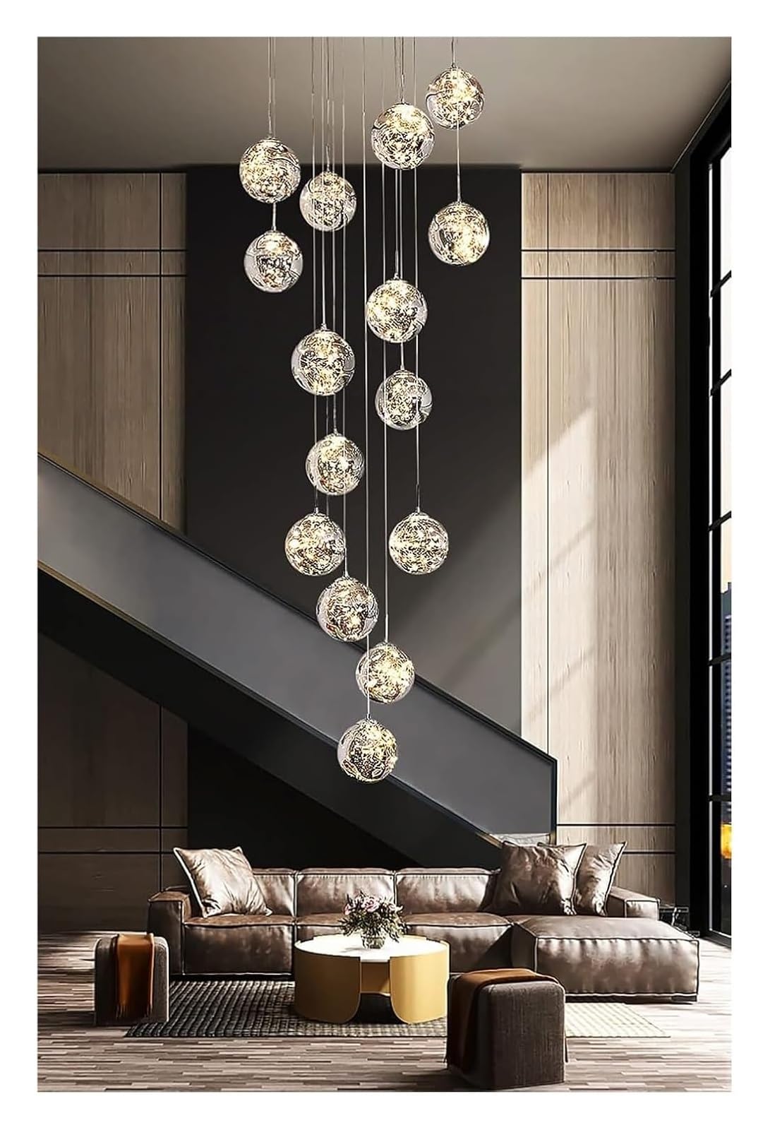 Villa żyrandol sufitowy, duży żyrandol, lampa wisząca LED na schody, idealna do wysokich sufitów, lustrzana podstawa ze stali nierdzewnej, ręcznie dmuchana szklana kula, wysokość