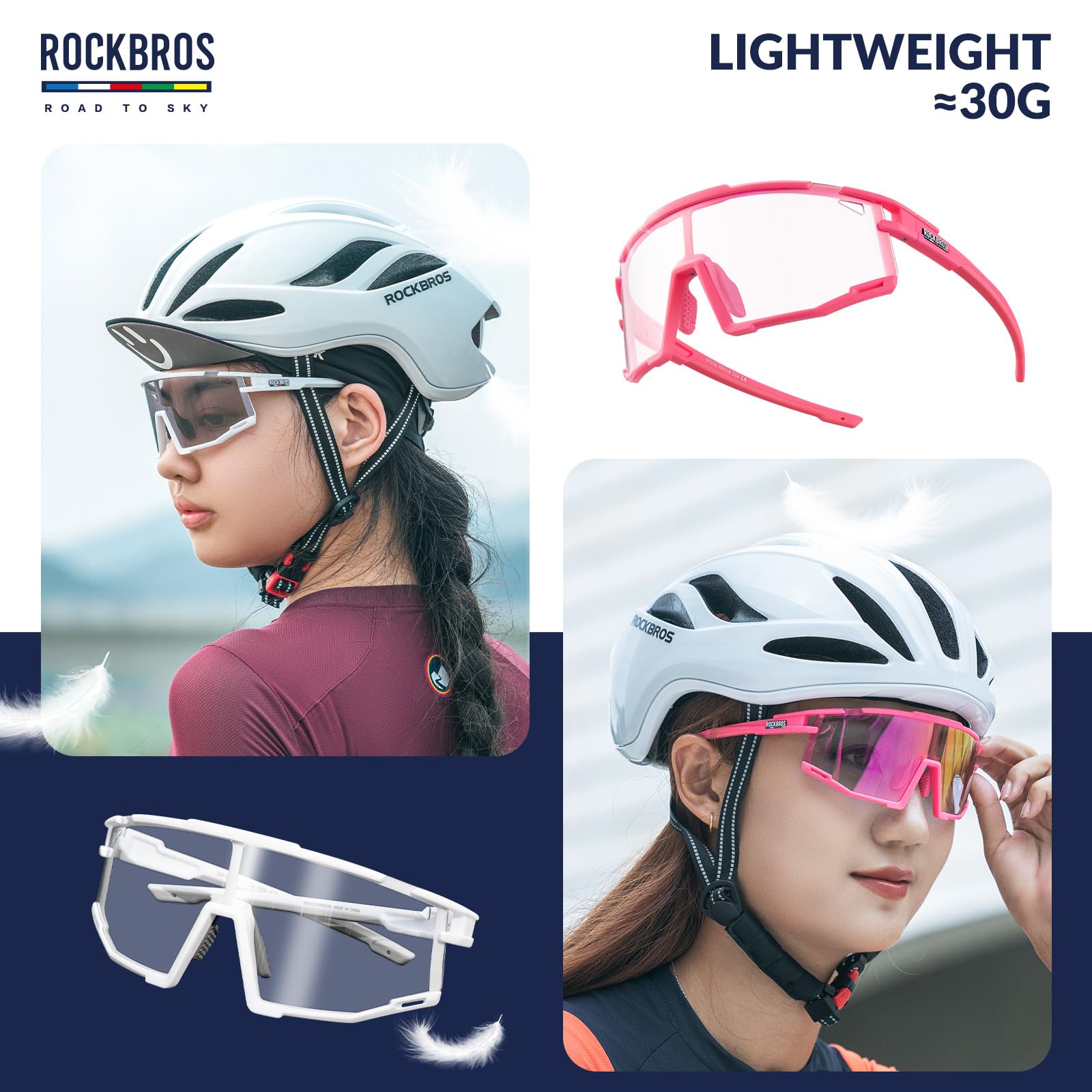 ROCKBROS Road-to-Sky Okulary Rowerowe Fotochromowe Okulary Przeciwsłoneczne Okulary Kolarskie Samoprzyciemniające się UV400 Okulary Sportowe MTB Ramka Myopia TR90 Unisex Baseball Bieganie Golf Biały