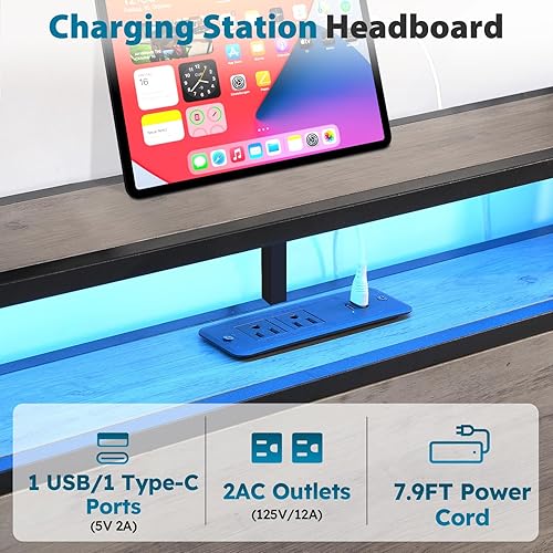 Miniatura 4 de Kiivakii Base de cama matrimonial con almacenamiento de cabecero, cama de plataforma LED con puertos USB para dormitorio, granja, resistente,