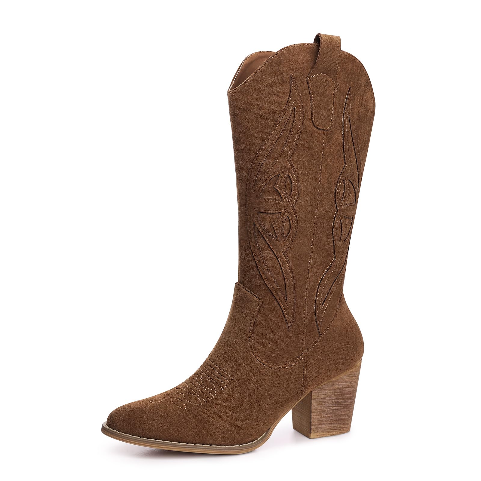 SHIBEVER Cowboy Boots for Women 2025 Mid Calf Cowgirl Boots Western Embroidered Country High Heel Pointed Toe Booties