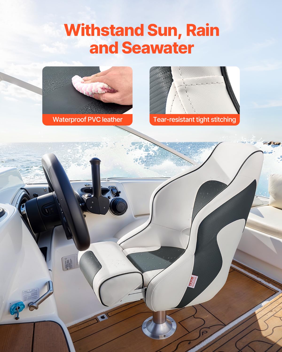 VEVOR Asiento de Barco con Respaldo Alto y Abatible Tipo Butaca de capitán con Cojín de Esponja Gruesa y Cuero de PVC Impermeable Diseño Ergonómico Asiento Plegable para Barcos, Yates, Blanco y Gris
