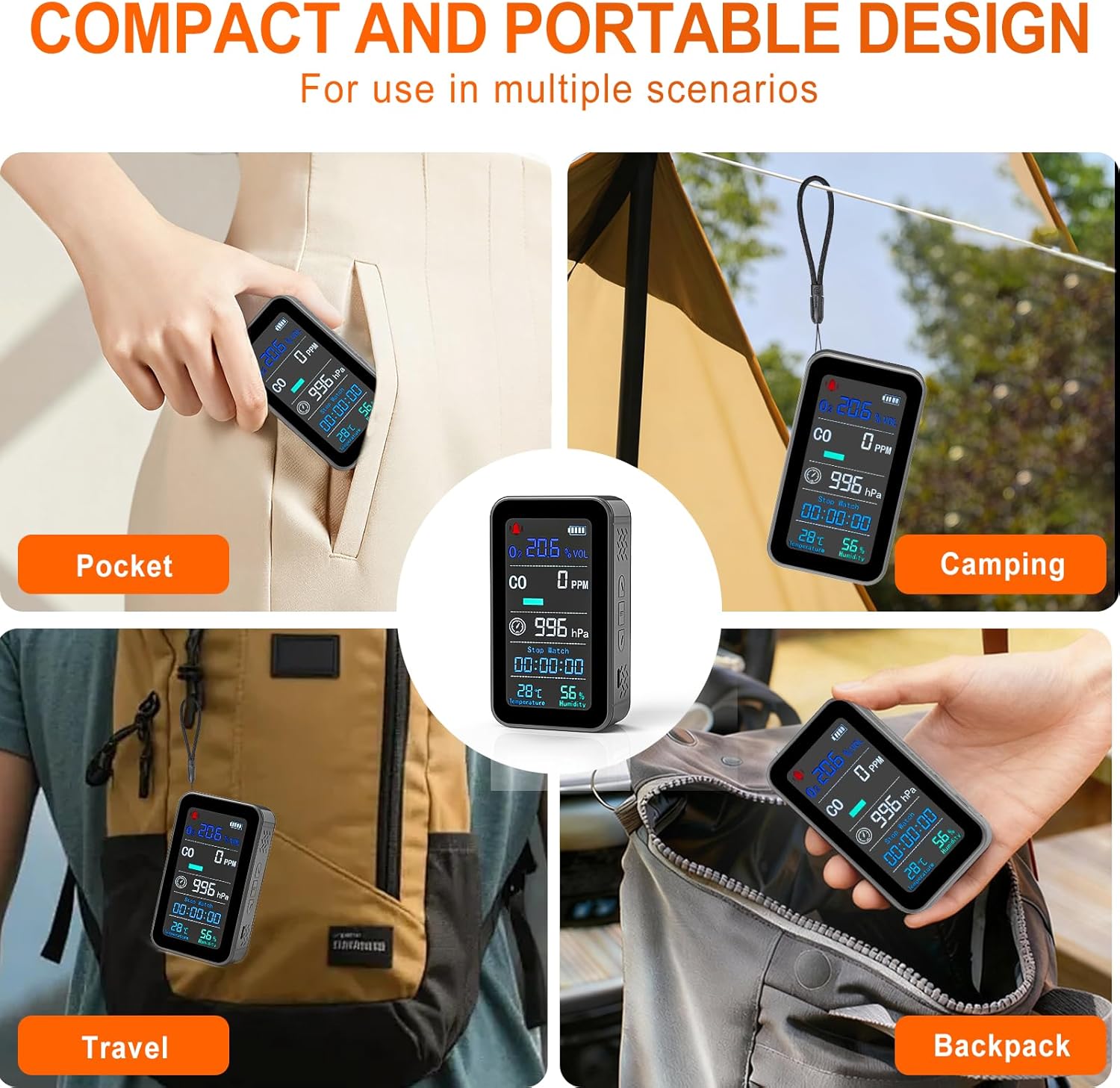 Portable Carbon Monoxide Detector for Travel | 7-in-1 O2/CO Alarm with Air Pressure | Temperature, Humidity Sensors & 230-Hour Standby | Room Oxygen Monitor for Home, Hotel, Camping, RV - Image 8