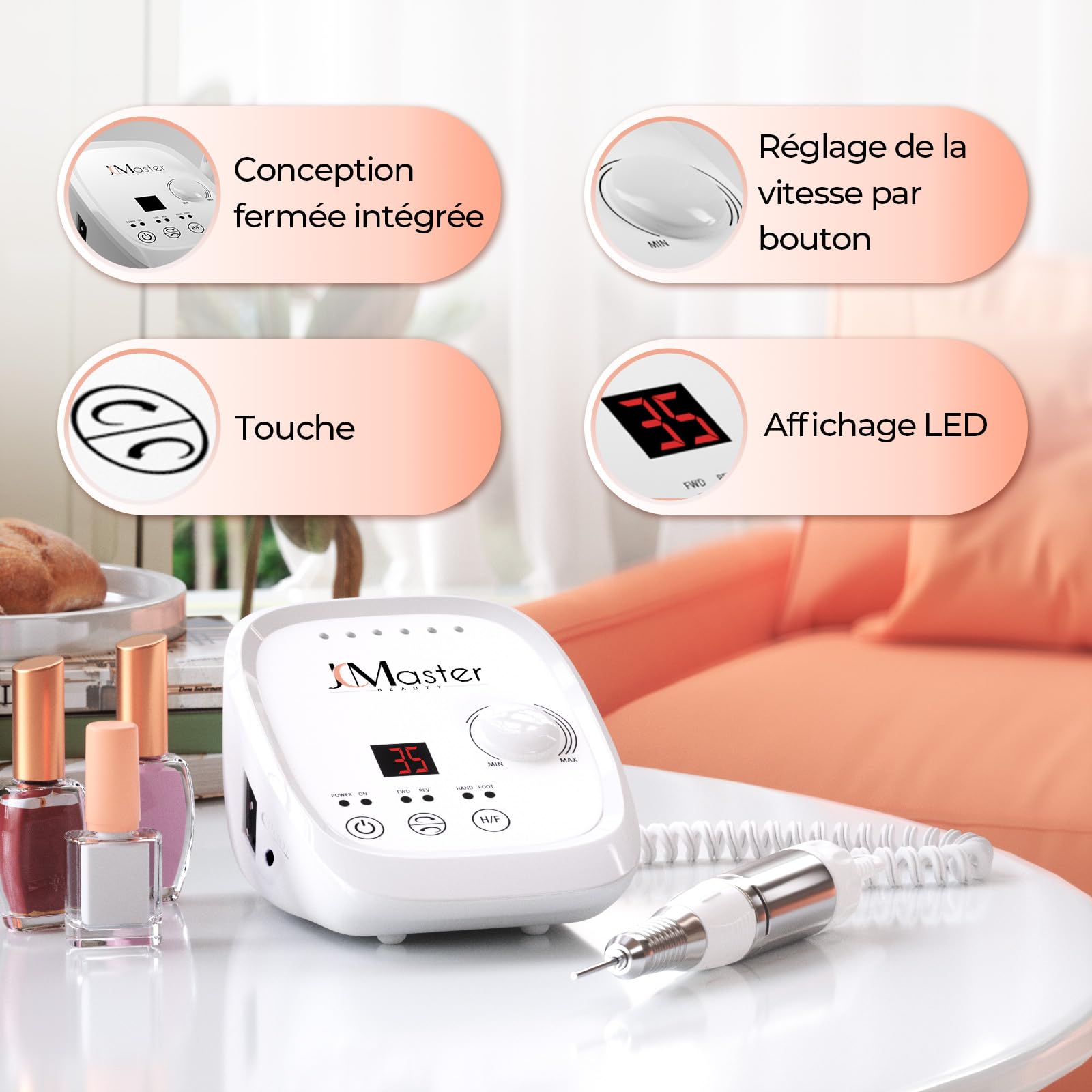 JCMASTER Ponceuse pour Ongles Professionnelle, 35000 tr/min Lime à Ongles Électrique avec Pédale + 6 Embouts Set Manucure Pédicure pour Retirer le Vernis/Gel/Cuticules
