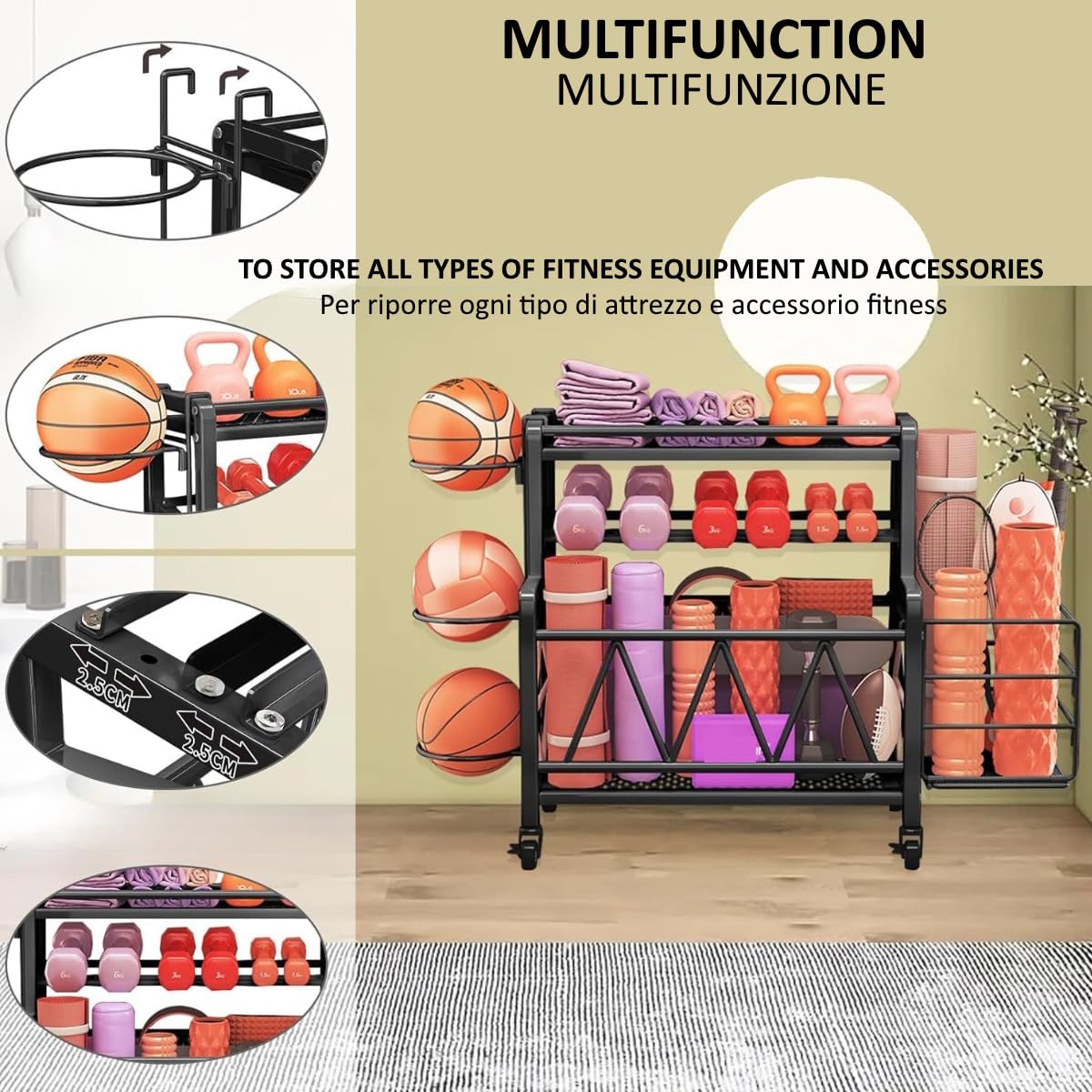 FFitness Rastrelliera per Manubri con Ruote Per Attrezzatura da Allenamento Supporto Pesi Attrezzi Yoga Tappetini Kettlebell Rack Palestra Domestica Gym