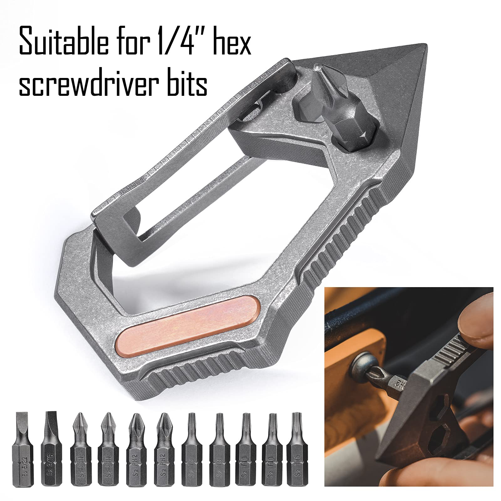 Portachiavi Multiuso 7 In 1 Acciaio Inox - Cacciavite, Apribottiglie, Righello - Moschettone Sgancio Rapido - Foto 3