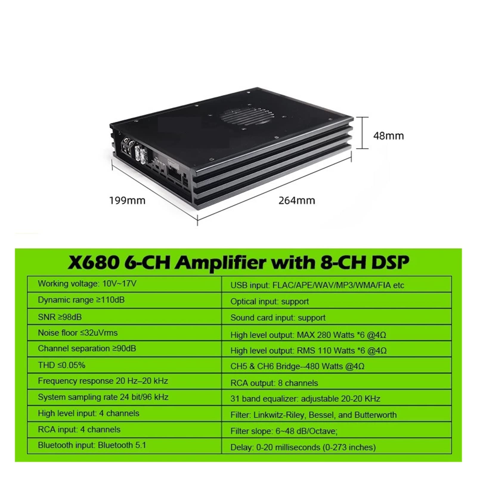 Amplificatore a 6 canali da 110 Watt 8 processori digitali multicanale di installazione and play,Ampia compatibilità