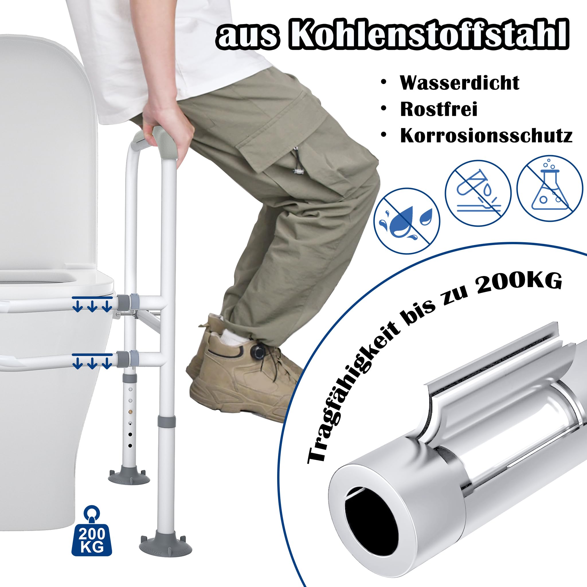 NAIZY Pomoc przy wstawaniu toalety, stelaż do toalety, 70-82 cm, regulacja wysokości 57-62 cm, bez wiercenia, podpórka pod WC z zaciskami EVA i antypoślizgowymi nóżkami, obciążenie do 200 kg dla