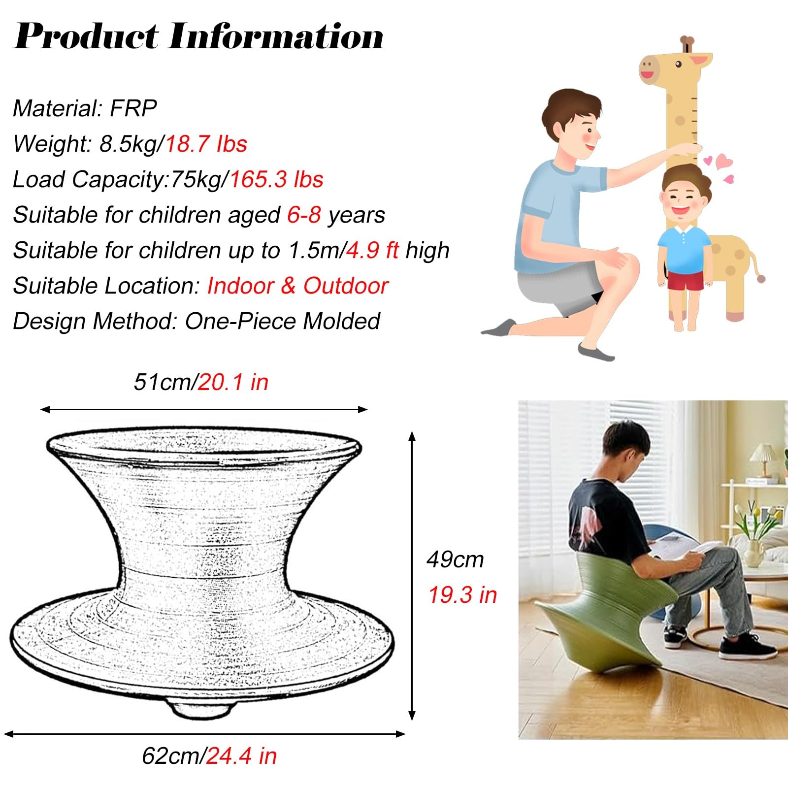 MZZKFC 6-8 Years Old Boys Girls Gyro Chair, 19.3 in Tall Commercial Fibreglass Kids Sense Sports Equipment Non Slip, Heavy Duty 360° Spins Stool for Kindergarten(Black)