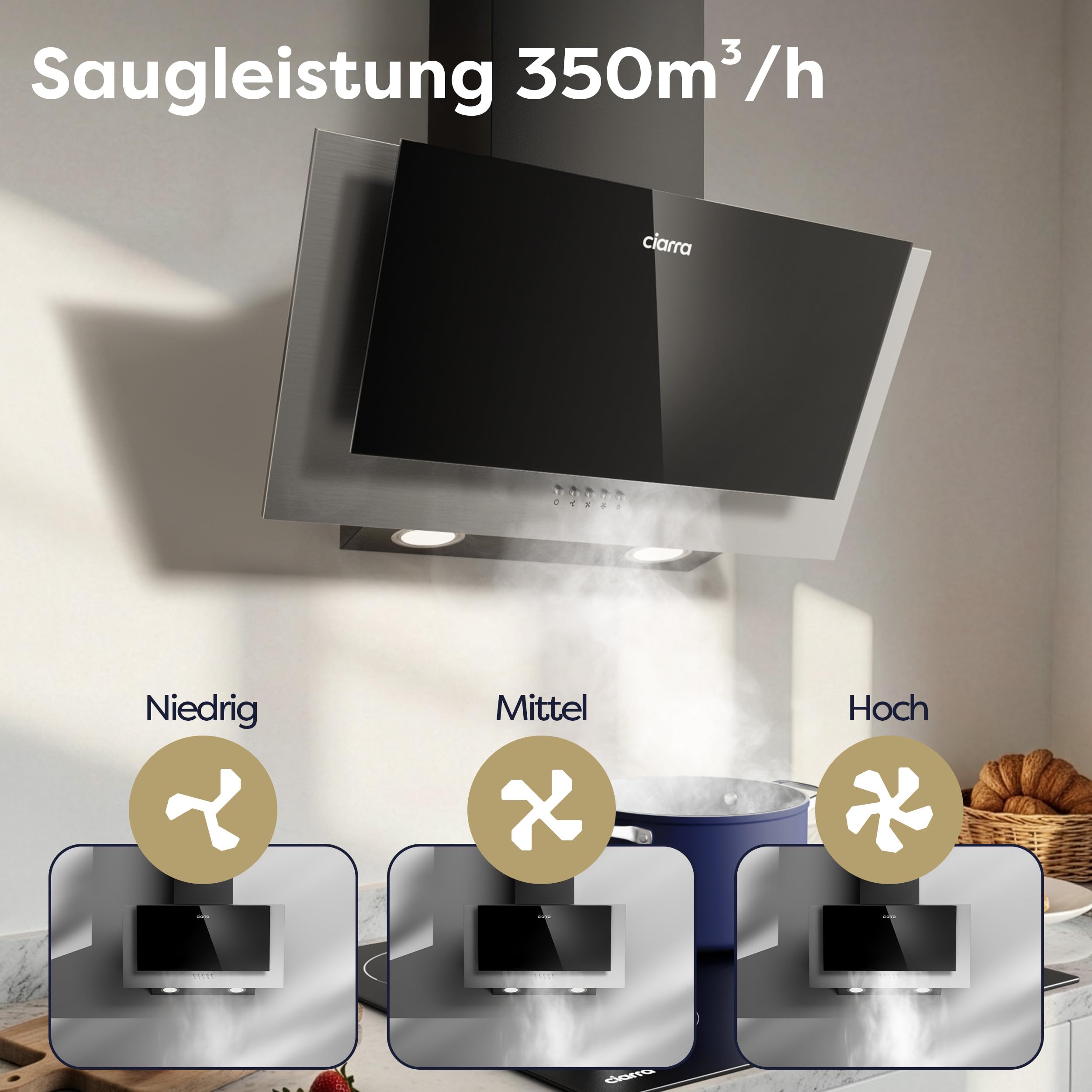CIARRA A++ Dunstabzugshaube 60 cm Leise 57 dB 370 m³/h Umluft Abluft CBCB6736C Kopffreie Schräghaube mit CBCF002X2 Aktivkohlefilter Aluminium Fettfilter Wandhaube Umlufthaube für Küchen Schwarz