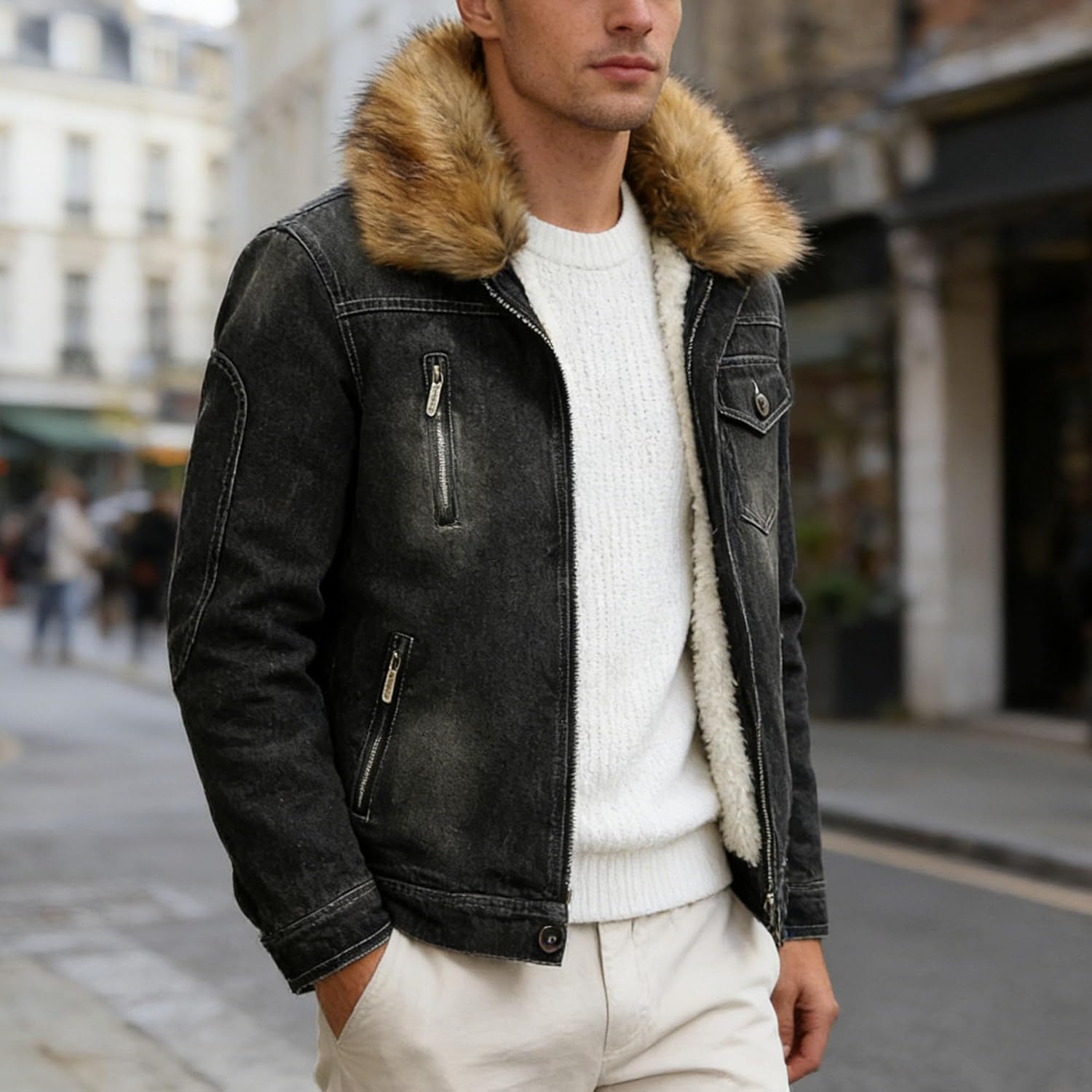 Men’s Faux Fur Lined Hooded Denim Jacket Thicken Zipper Cowboy Bomber Jacket Winter Classic Urban Style Jean Coat
