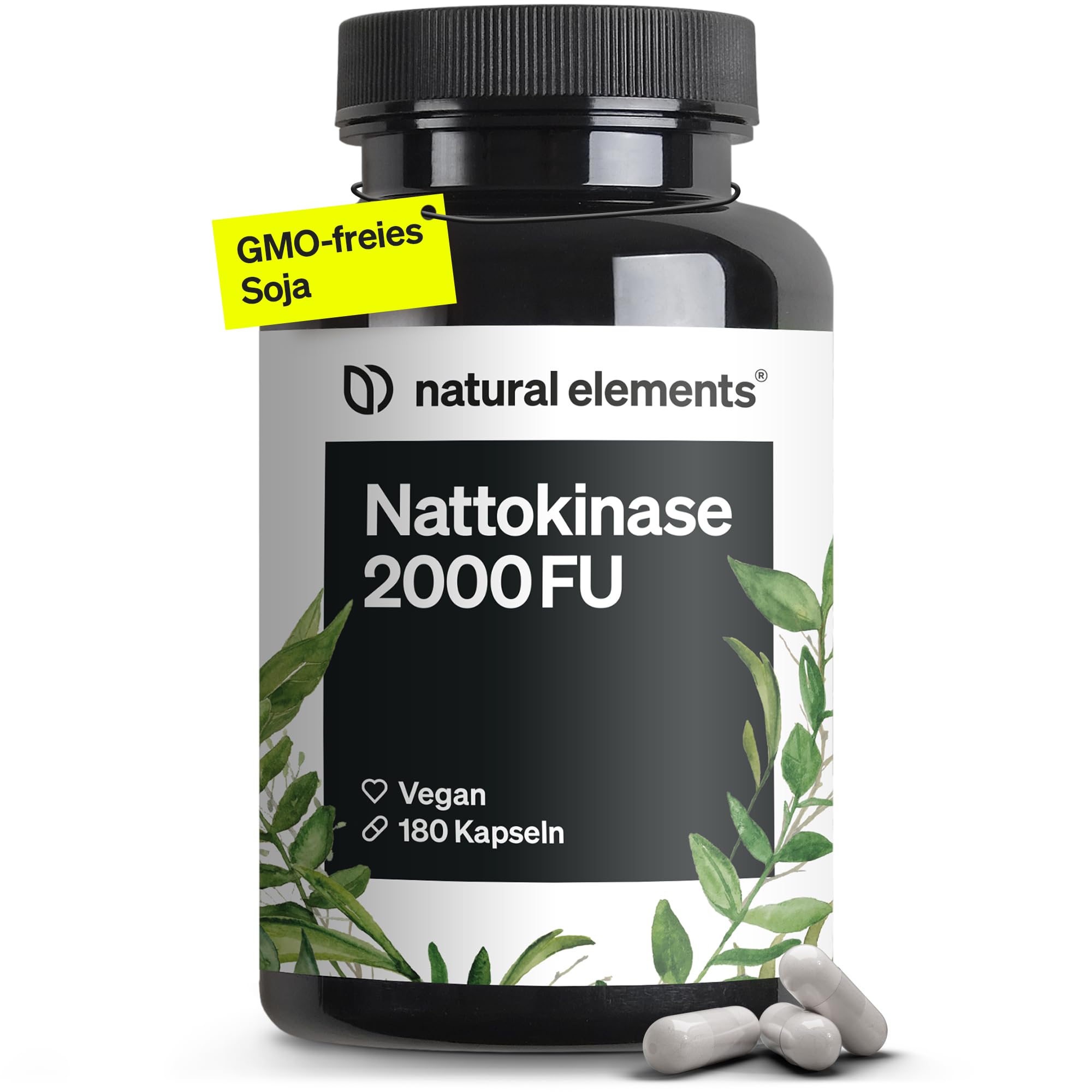 natural elements Nattokinase – 180 hochdosierte Kapseln je 100mg (20.000 FU/g) – ohne Gentechnik – vegan, ohne unnötige Zusätze – in Deutschland produziert & laborgeprüft