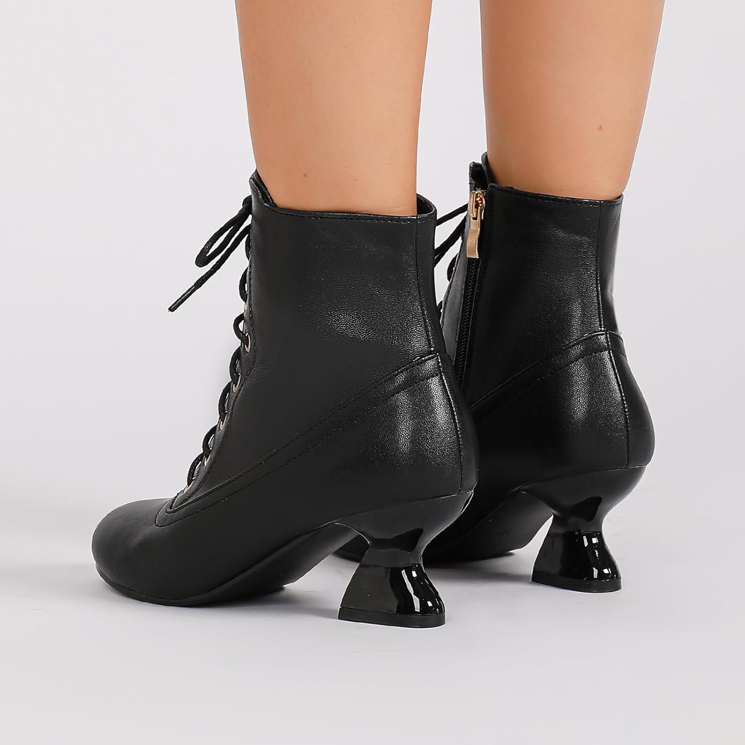 getmorebeauty Women's Ankle Boots Low Kitten Heels Lace Up Round Toe Side Zipper Vintage Short Boots Dress Shoes Autumn Winter