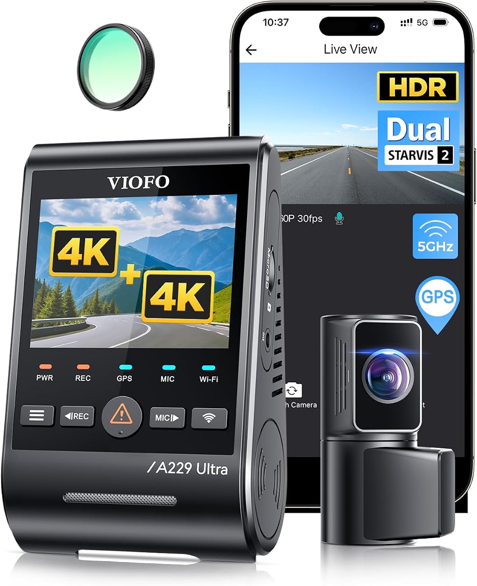 A229 Ultra 2CH Dash Cam Front and Rear, Dual 4K Dashcam HDR with GPS | Dual 4K HDR with Dual Starvis Sensors, Night Vision 2.0, Faster 5GHz Wi-Fi & Precise GPS, Smart Voice Control & Parking Mode