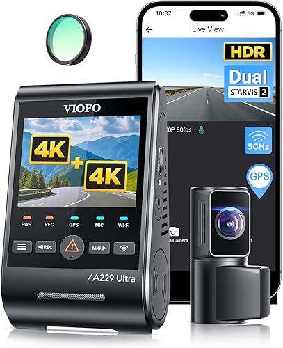 VIOFO A229 Ultra 2CH Dual 4K Dash Cam frontal y trasera, sensores STARVIS 2 IMX678 dobles y 2 canales 4K HDR, Wi-Fi más rápido de 5 GHz y GPS