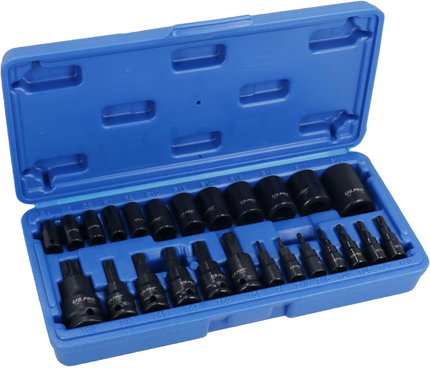 25pc Male + Female Impacted Impact Torx Star E Sockets T8 – T60 + E4 – E22