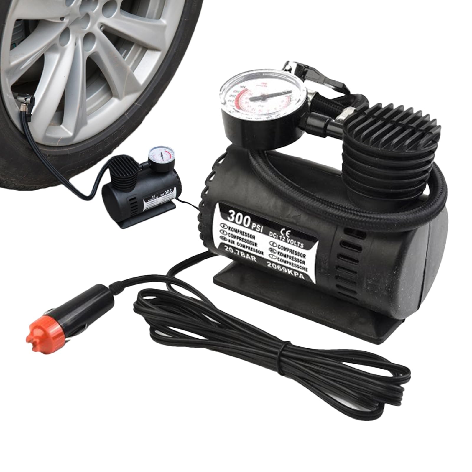 Compresor Aire Portatil, 12V Inflador Ruedas Coche, Inflador Electrico para Coches, Compresor Aire Coche, Infladors Ruedas Coches con Manómetro para Bicis, Motos Y Pelotas