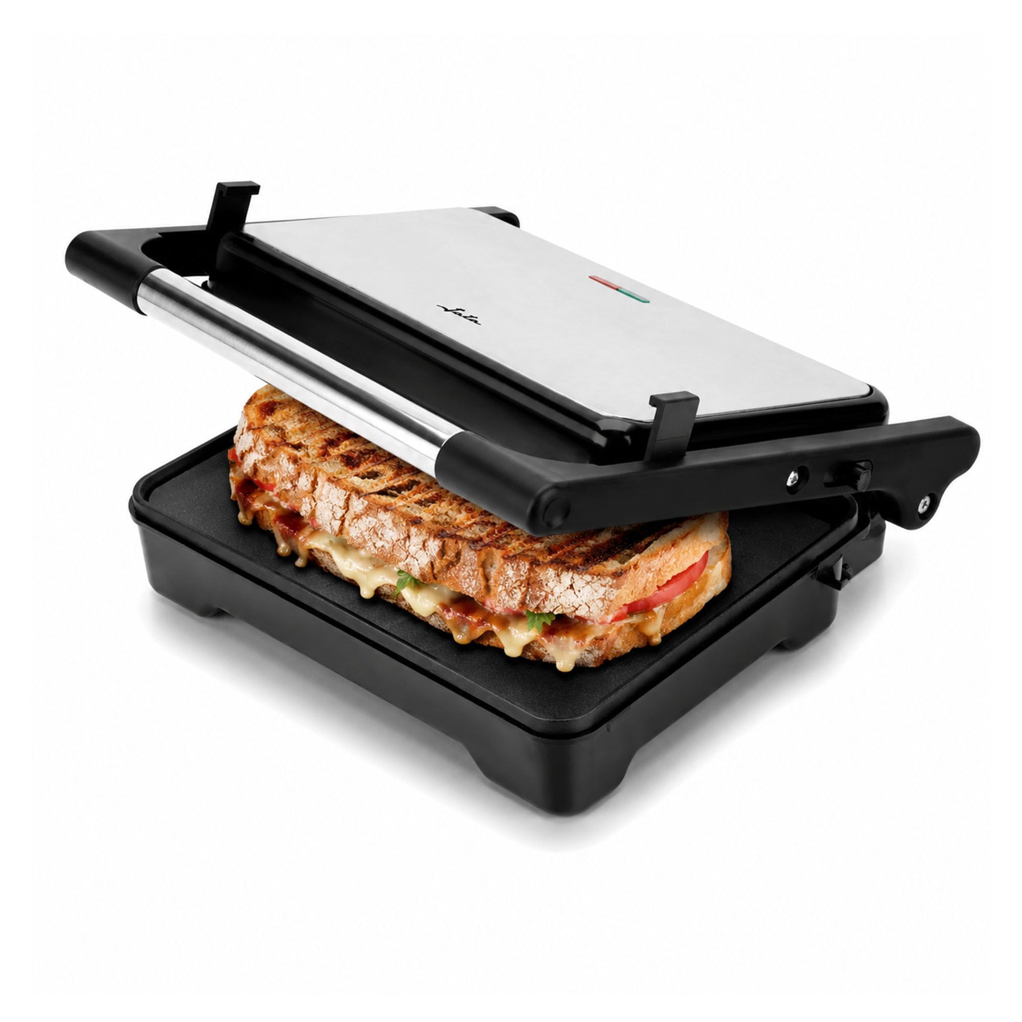 JATA JEGR1183 - Grill de asar doble 1500 W | Parrilla eléctrica con apertura 180° y tapa basculante | Termostato regulable | Placas lisas antiadherentes 26 x 16,5 cm libres de PFOA | Cocina sana