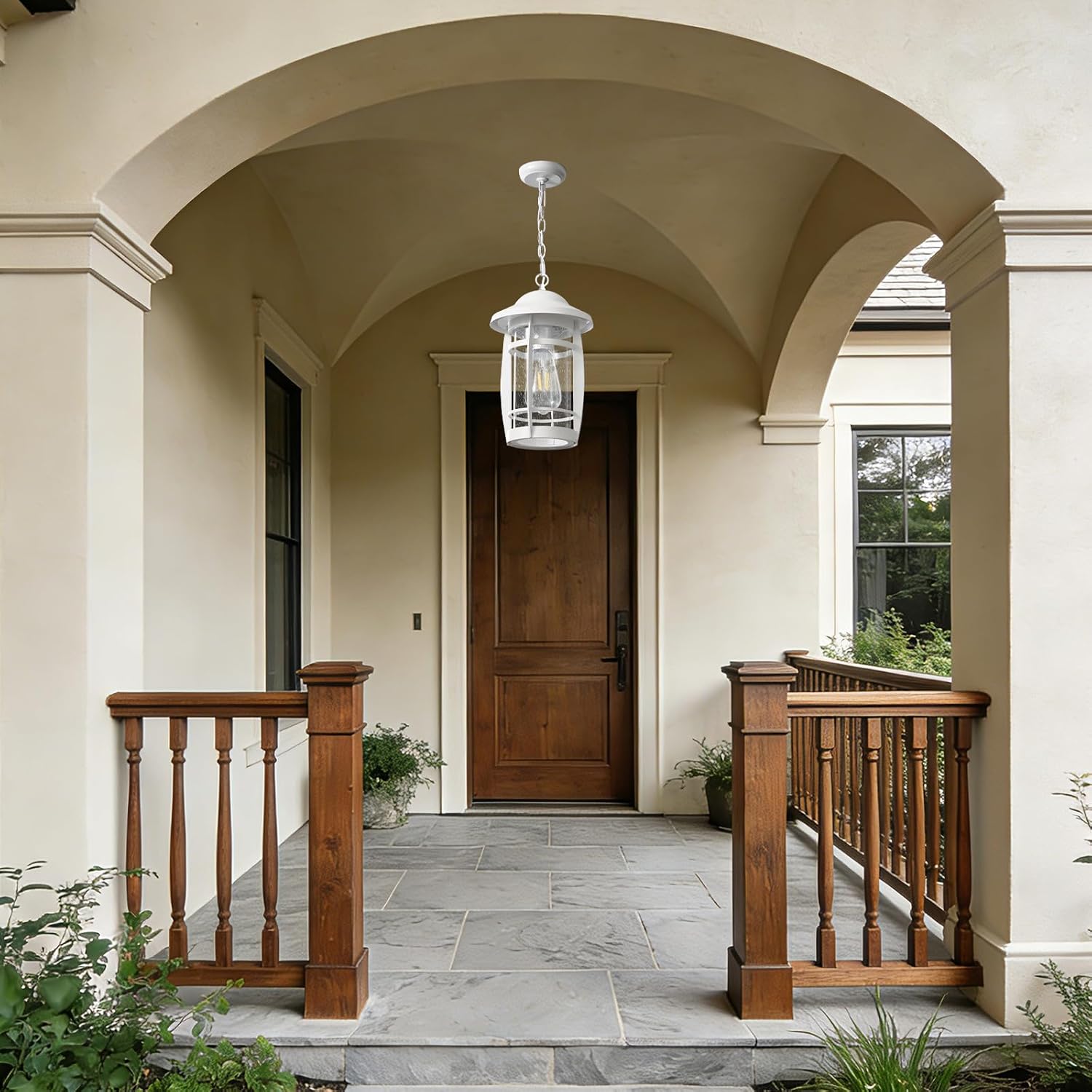 LOUSACE 1-Light Outdoor Pendant Lights for Porch, Exterior Hanging Porch Light Fixture Ceiling Mount Outdoor Chandelier, Waterproof White Aluminum Finish with Seeded Glass, for Gazebo Patio Entrance